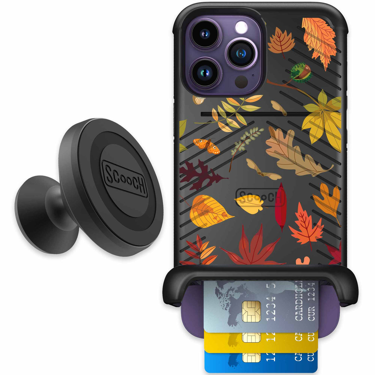 Autumn Leaves multicolored fall foliage pattern on a charcoal Scooch Wingmate case for iPhone 14 Pro Max - Starter Bundle