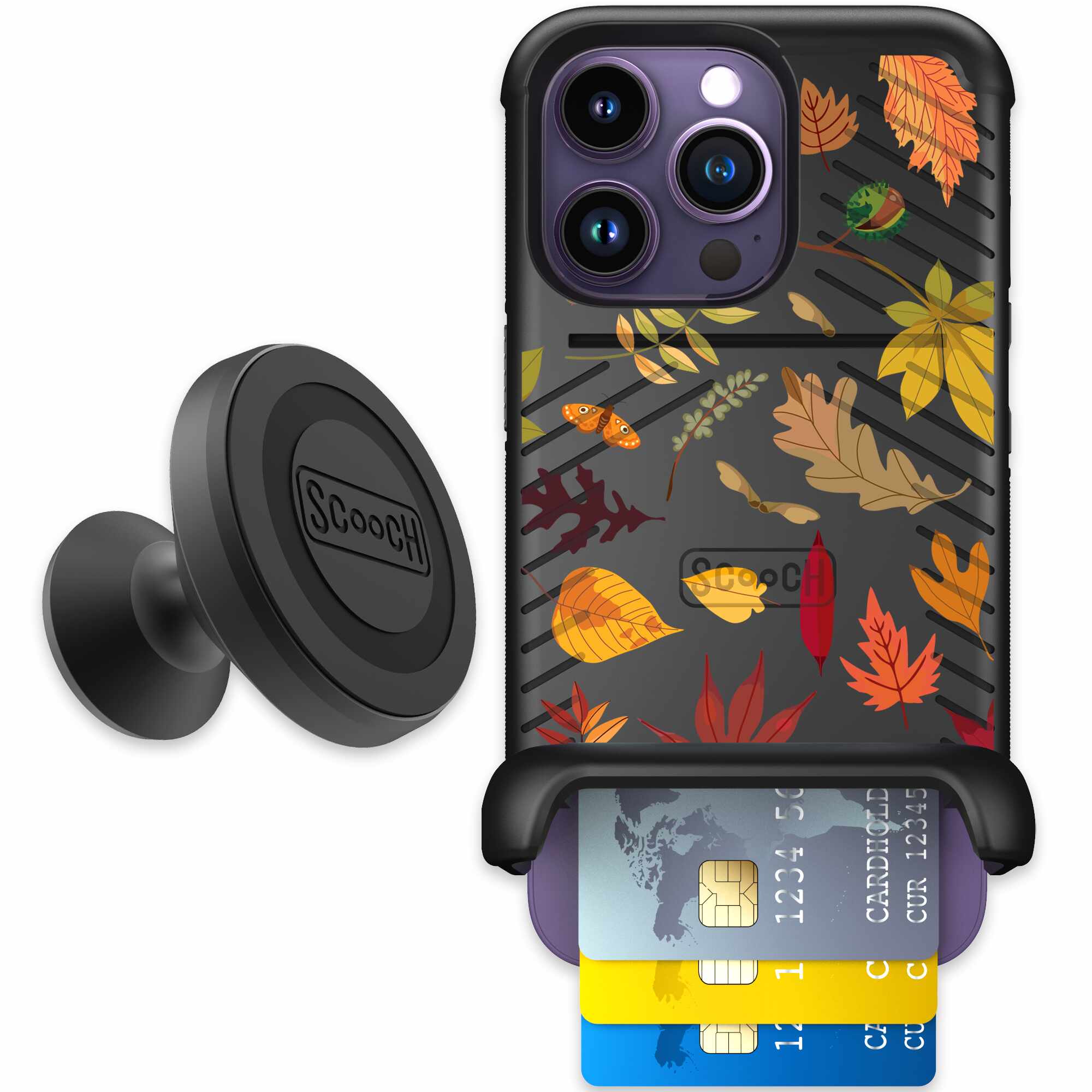 Autumn Leaves multicolored fall foliage pattern on a charcoal Scooch Wingmate case for iPhone 14 Pro - Starter Bundle