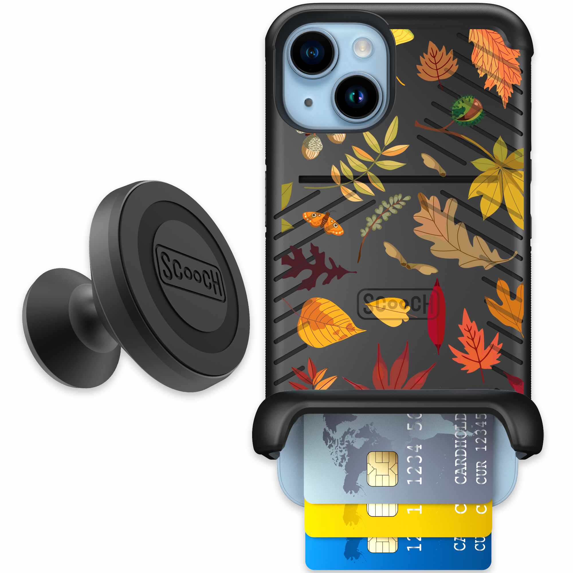 Autumn Leaves multicolored fall foliage pattern on a charcoal Scooch Wingmate case for iPhone 14 - Starter Bundle