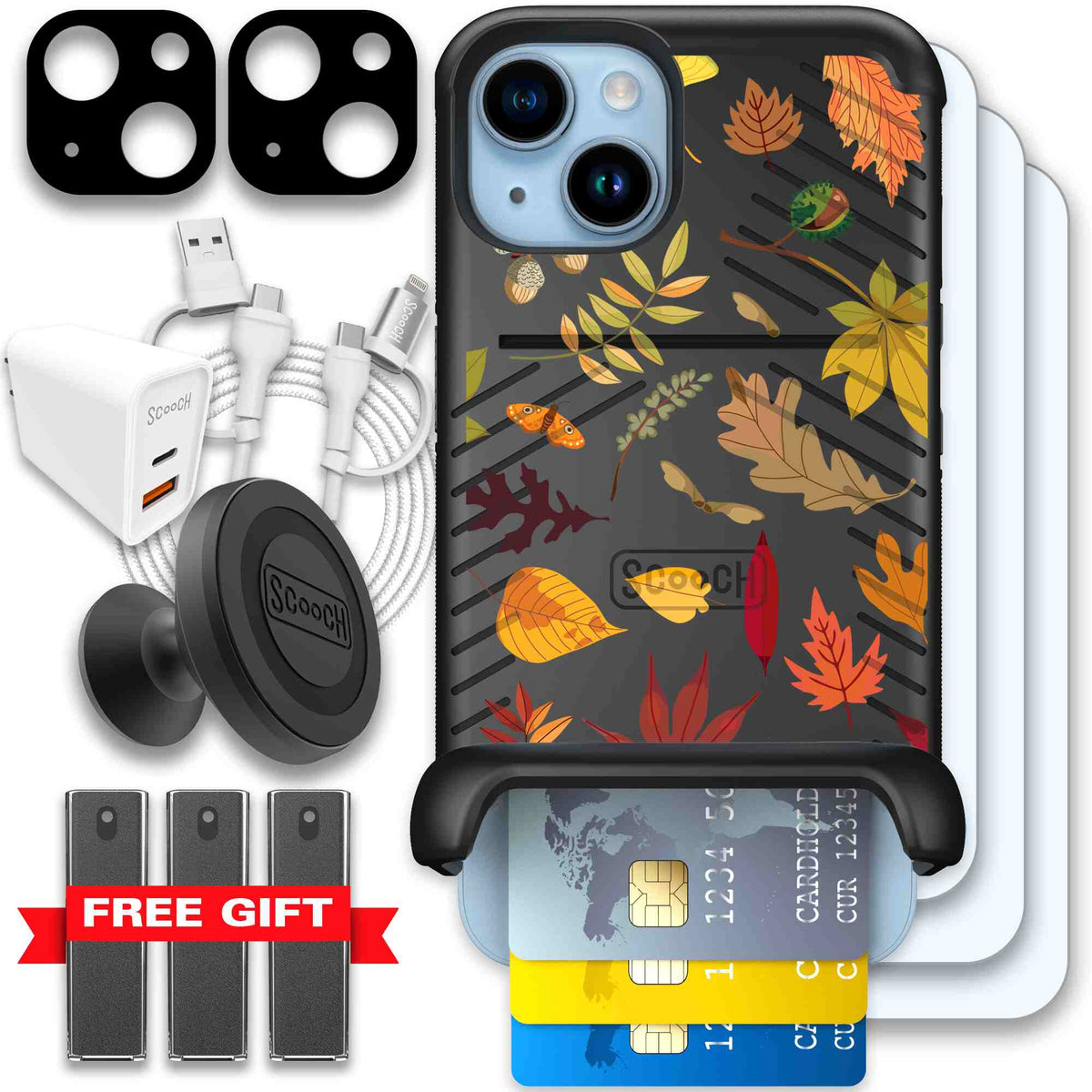 Autumn Leaves multicolored fall foliage pattern on a charcoal Scooch Wingmate case for iPhone 14 - Ultimate Bundle