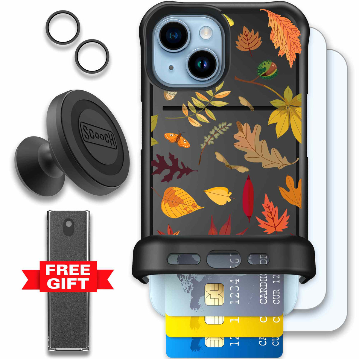 Autumn Leaves multicolored fall foliage pattern on a charcoal Scooch Wingmate case for iPhone 15 - Defender Bundle