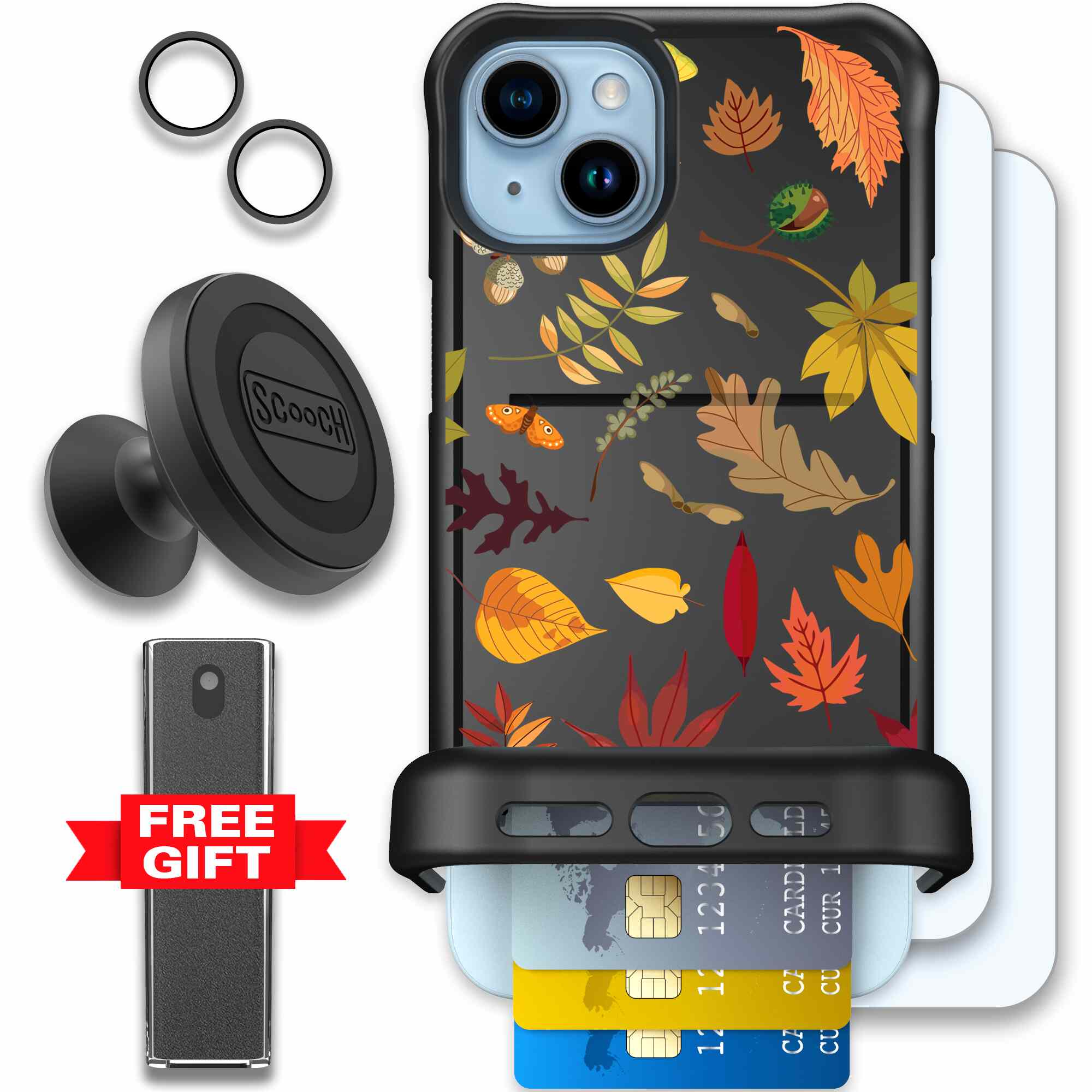 Autumn Leaves multicolored fall foliage pattern on a charcoal Scooch Wingmate case for iPhone 15 Plus - Defender Bundle