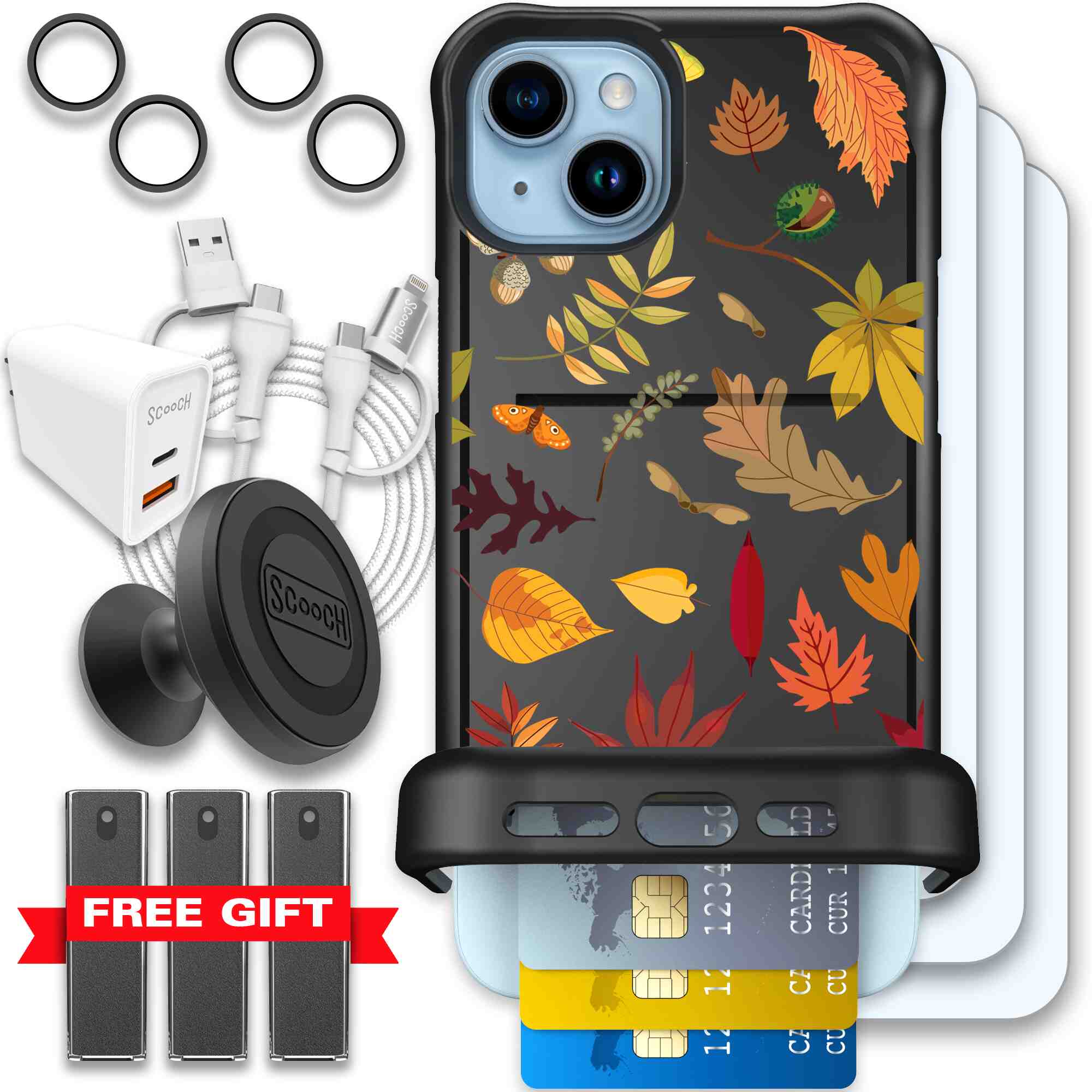 Autumn Leaves multicolored fall foliage pattern on a charcoal Scooch Wingmate case for iPhone 15 Plus - Ultimate Bundle