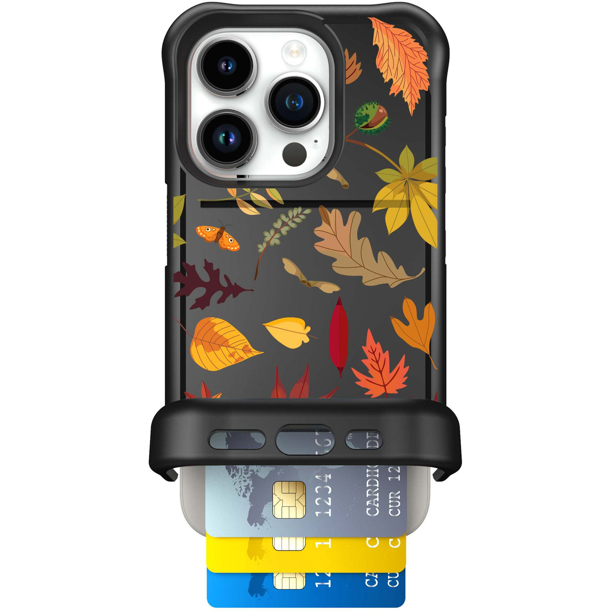Autumn Leaves multicolored fall foliage pattern on a charcoal Scooch Wingmate case for iPhone 15 Pro