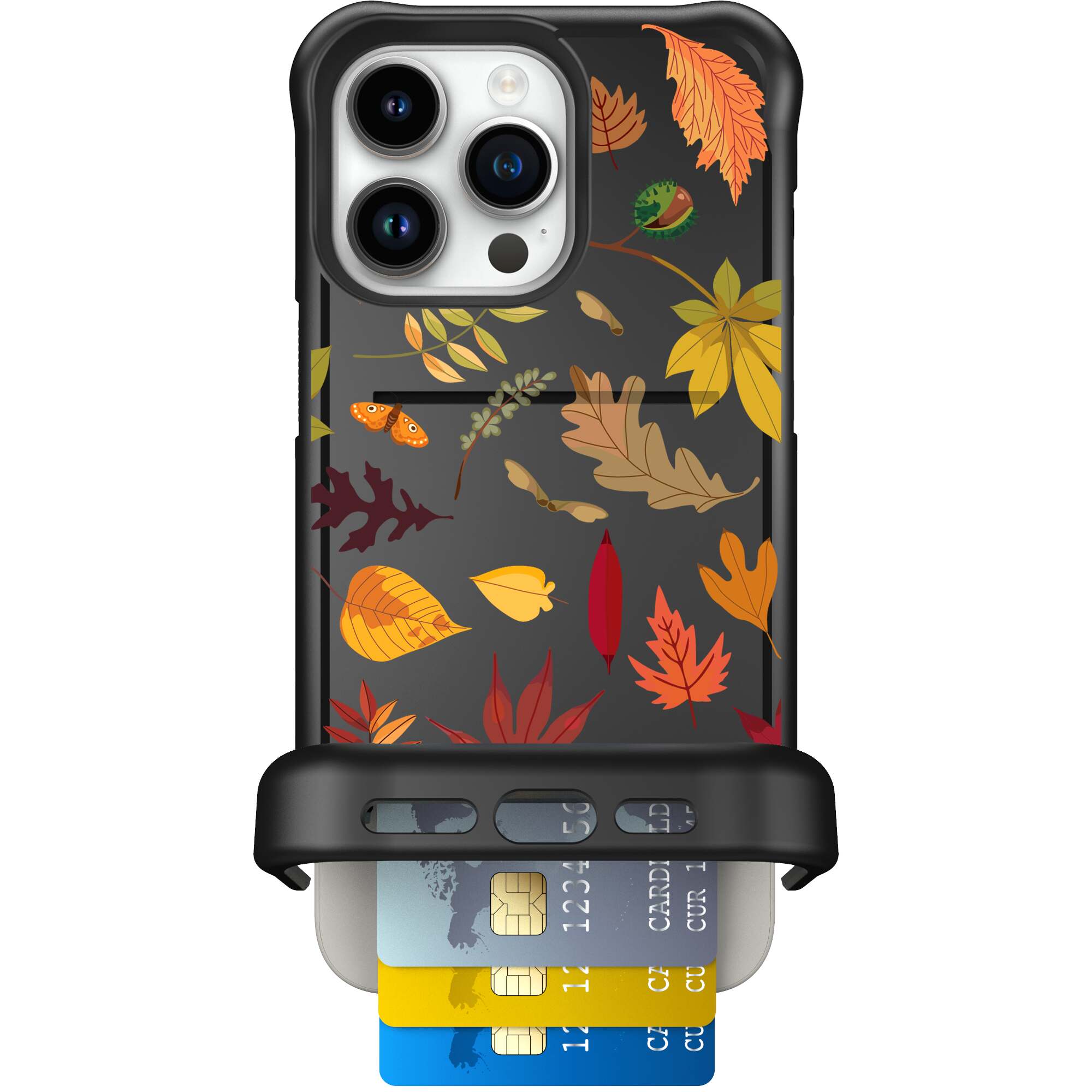 Autumn Leaves multicolored fall foliage pattern on a charcoal Scooch Wingmate case for iPhone 15 Pro Max