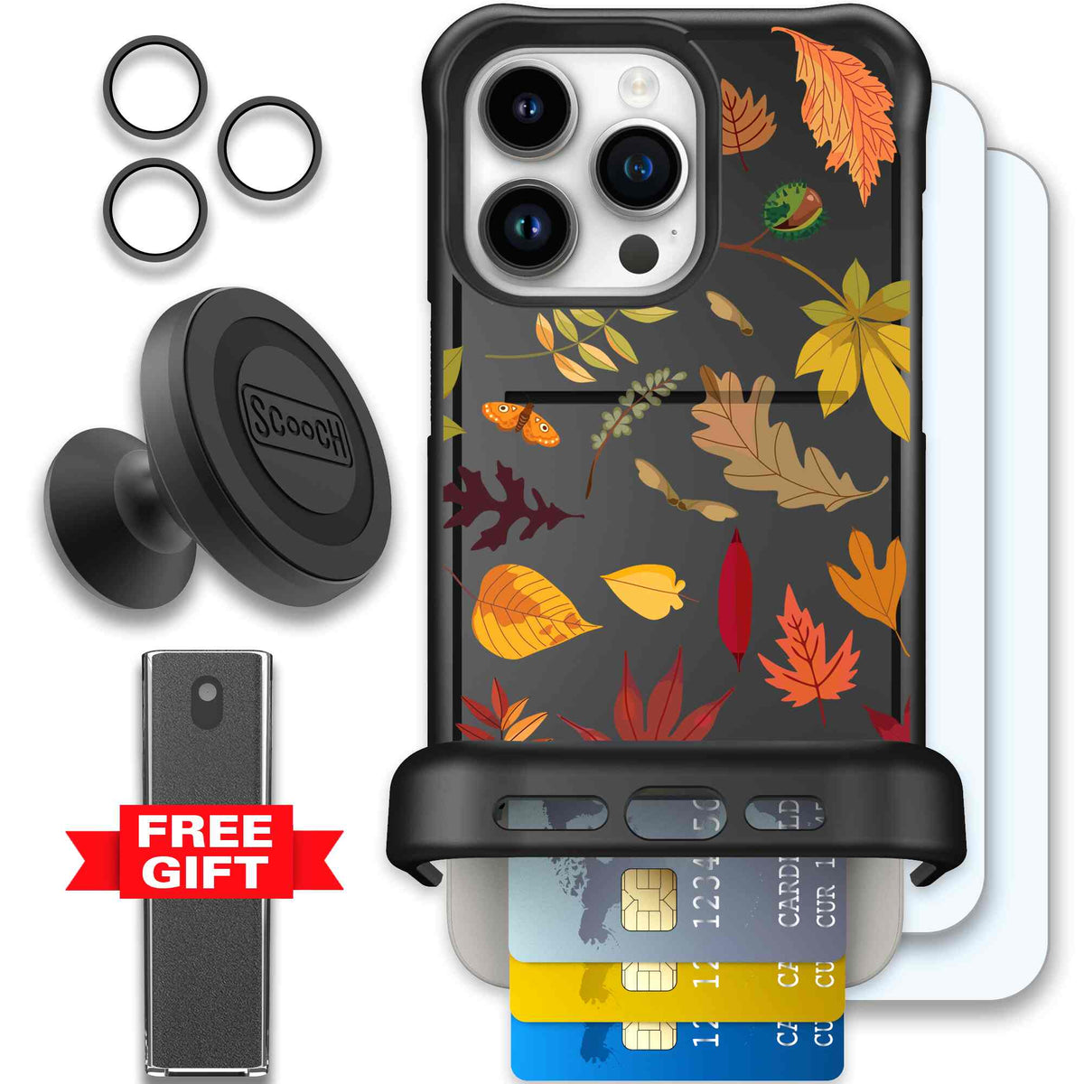 Autumn Leaves multicolored fall foliage pattern on a charcoal Scooch Wingmate case for iPhone 15 Pro Max - Defender Bundle