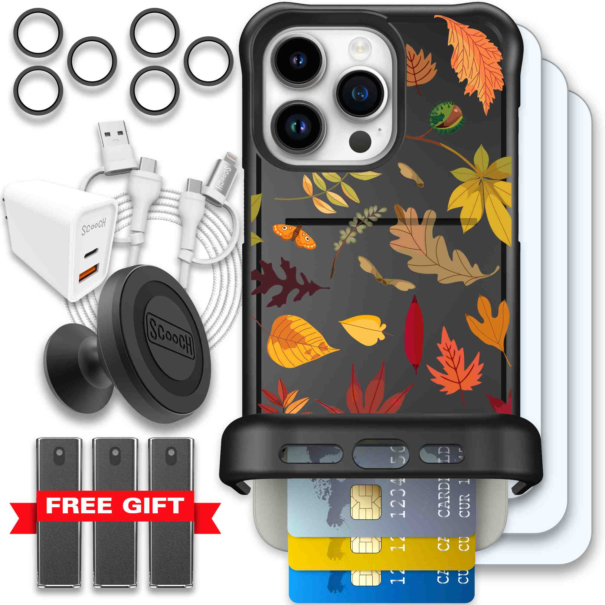 Autumn Leaves multicolored fall foliage pattern on a charcoal Scooch Wingmate case for iPhone 15 Pro Max - Ultimate Bundle