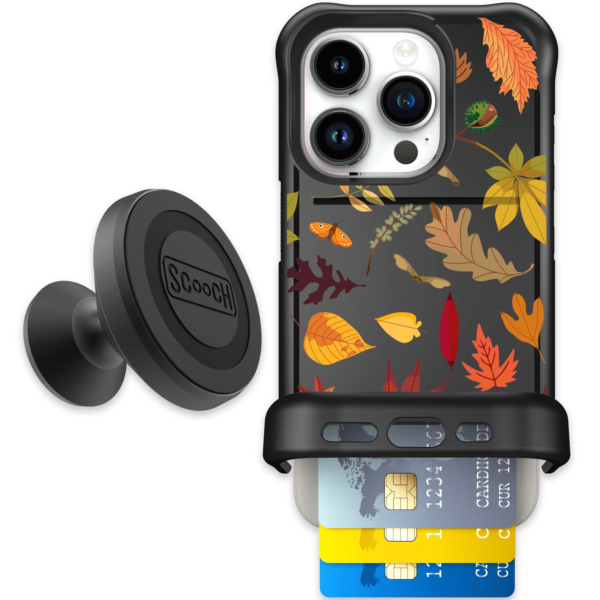 Autumn Leaves multicolored fall foliage pattern on a charcoal Scooch Wingmate case for iPhone 15 Pro - Starter Bundle