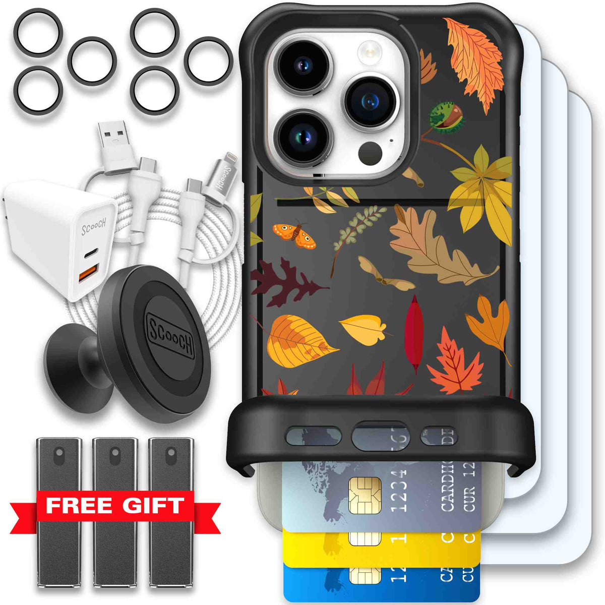 Autumn Leaves multicolored fall foliage pattern on a charcoal Scooch Wingmate case for iPhone 15 Pro - Ultimate Bundle