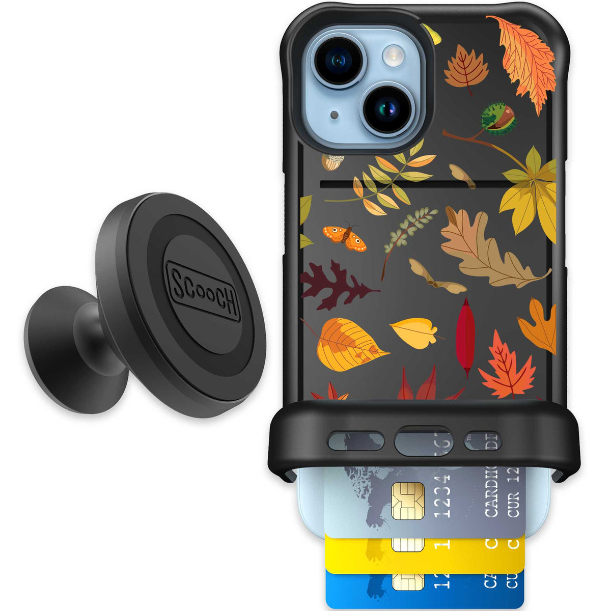 Autumn Leaves multicolored fall foliage pattern on a charcoal Scooch Wingmate case for iPhone 15 - Starter Bundle
