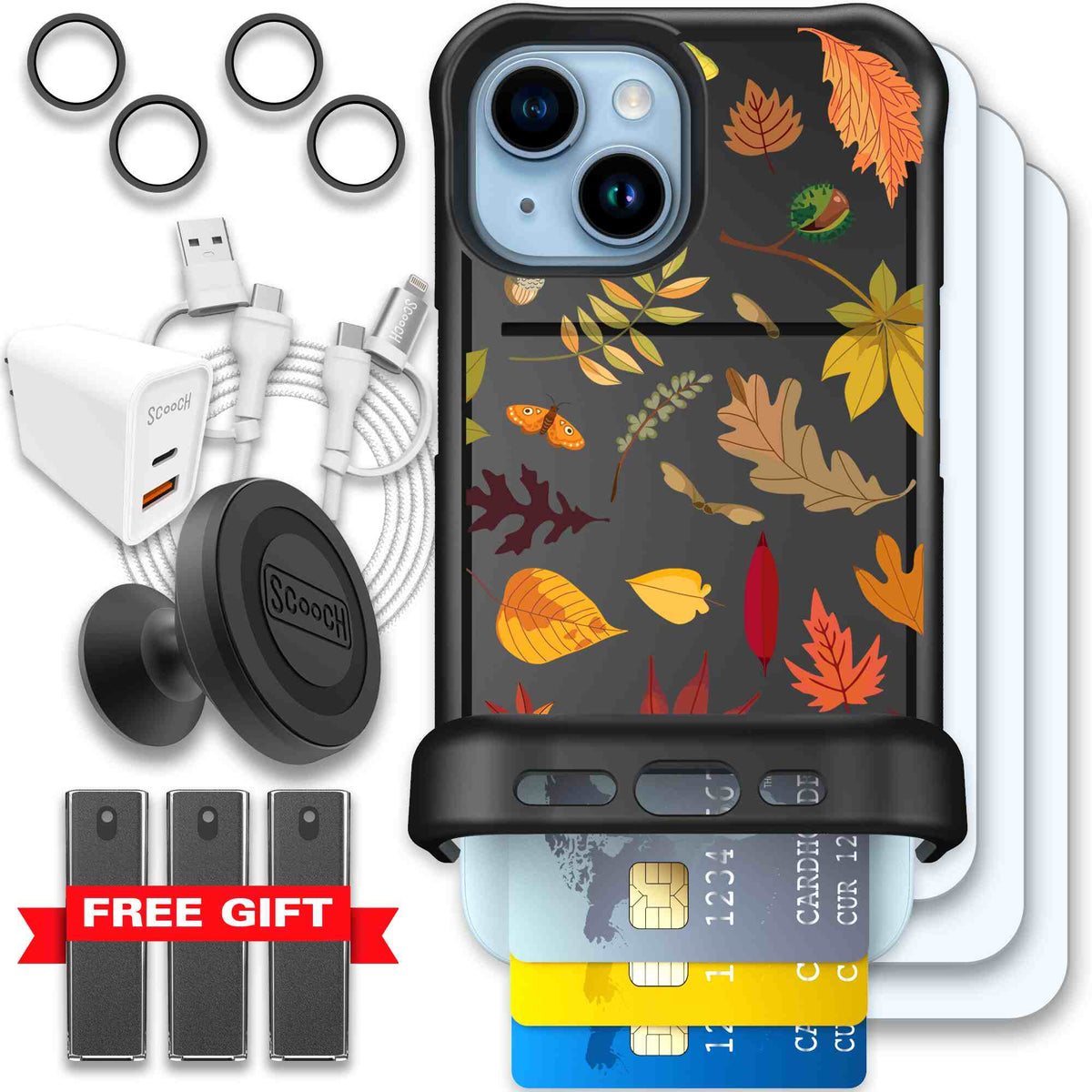 Autumn Leaves multicolored fall foliage pattern on a charcoal Scooch Wingmate case for iPhone 15 - Ultimate Bundle