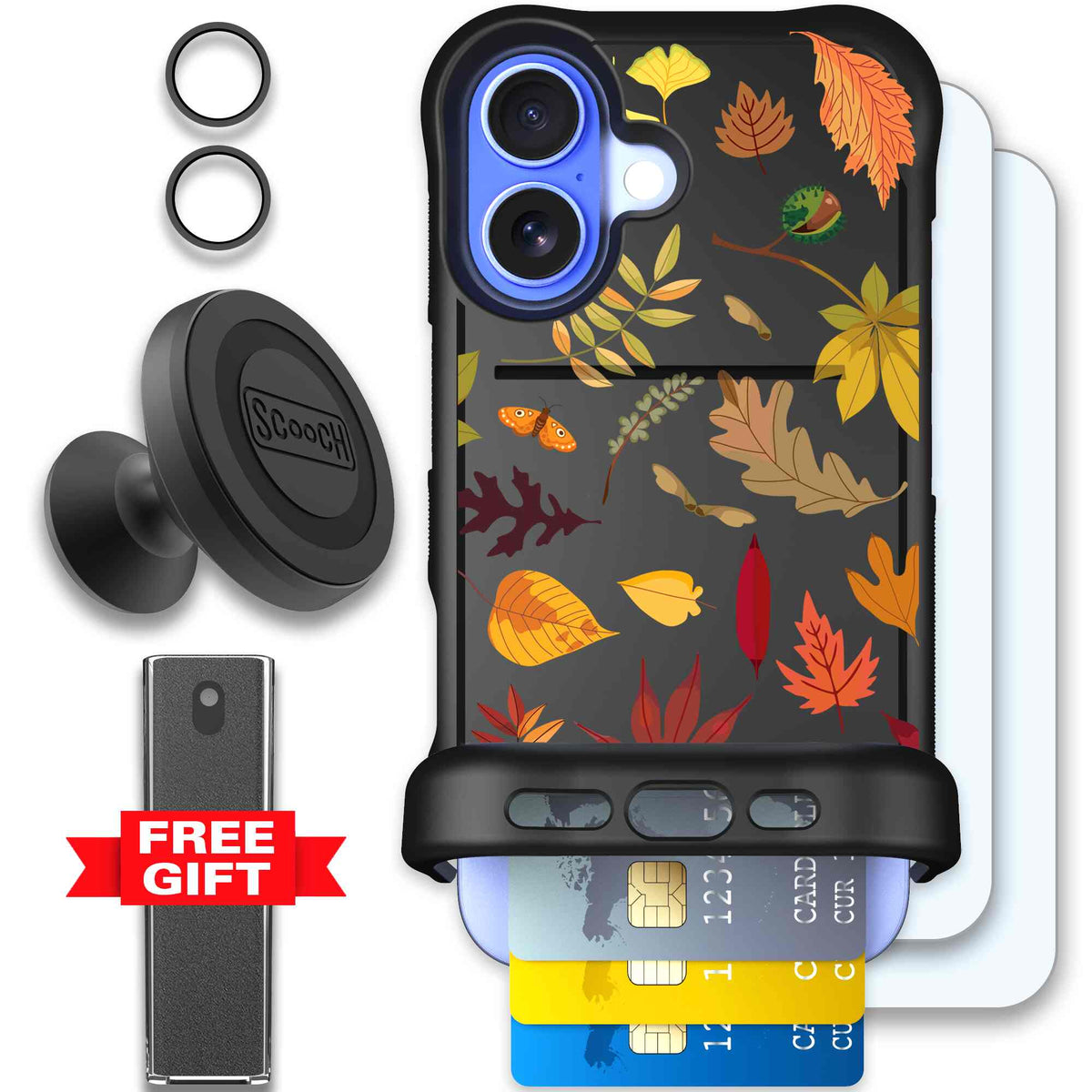 Autumn Leaves multicolored fall foliage pattern on a charcoal Scooch Wingmate case for iPhone 16 - Defender Bundle