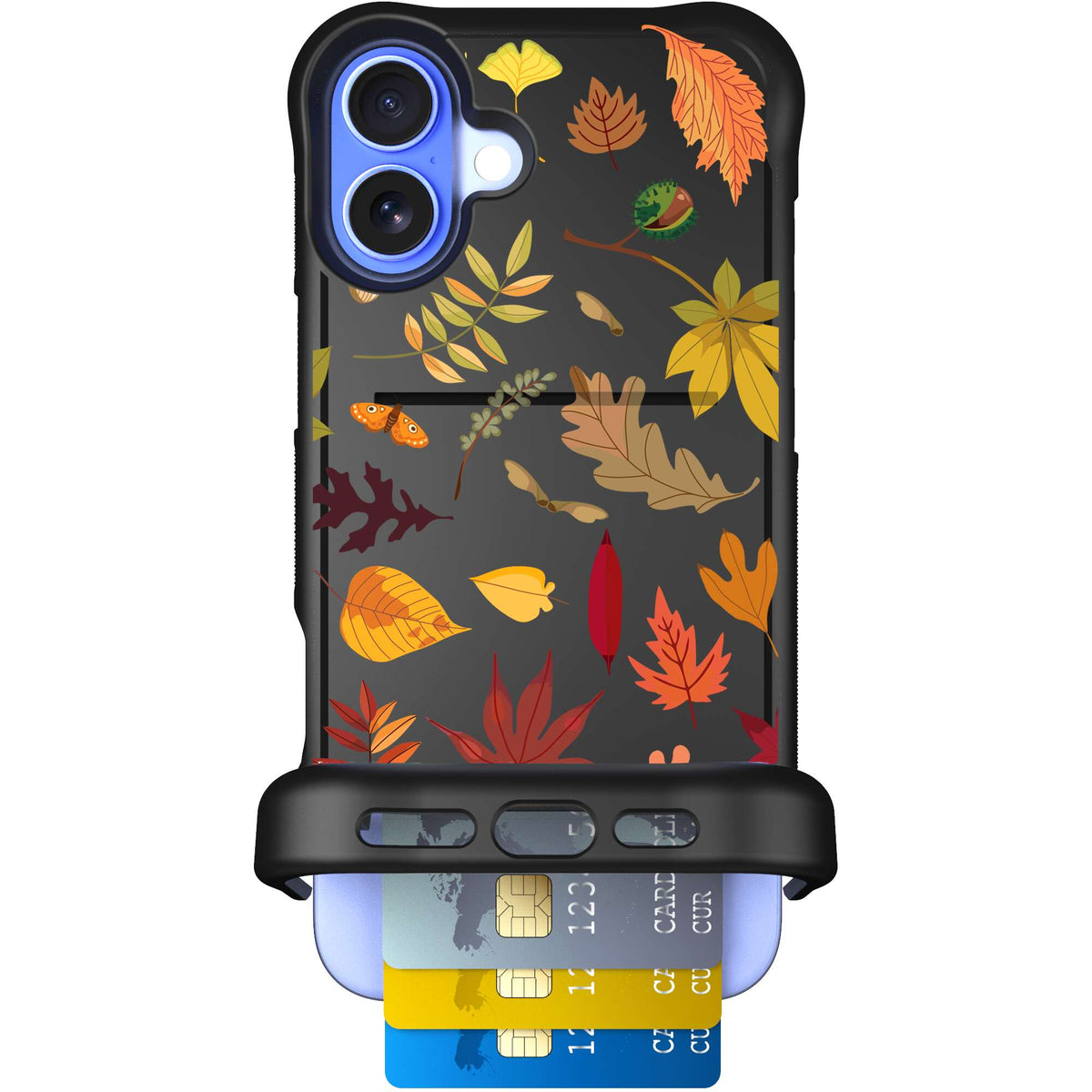 Autumn Leaves multicolored fall foliage pattern on a charcoal Scooch Wingmate case for iPhone 16 Plus