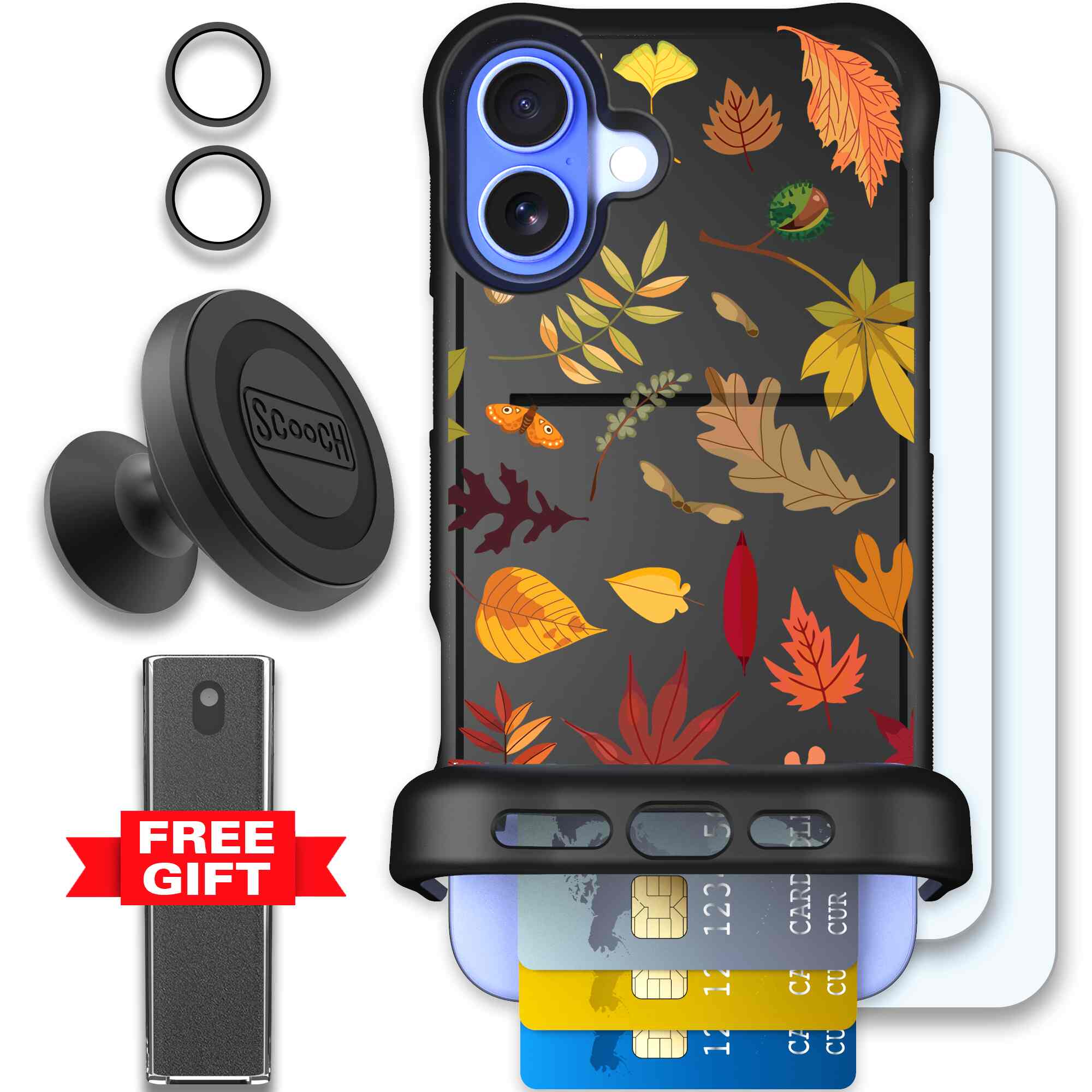 Autumn Leaves multicolored fall foliage pattern on a charcoal Scooch Wingmate case for iPhone 16 Plus - Defender Bundle