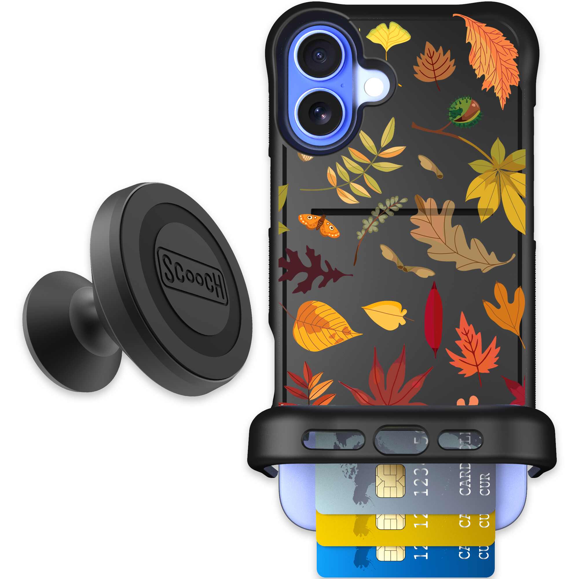 Autumn Leaves multicolored fall foliage pattern on a charcoal Scooch Wingmate case for iPhone 16 Plus - Starter Bundle