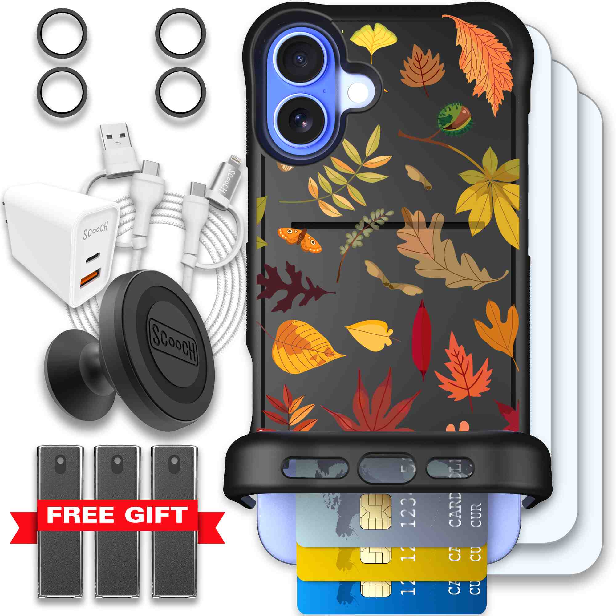 Autumn Leaves multicolored fall foliage pattern on a charcoal Scooch Wingmate case for iPhone 16 Plus - Ultimate Bundle
