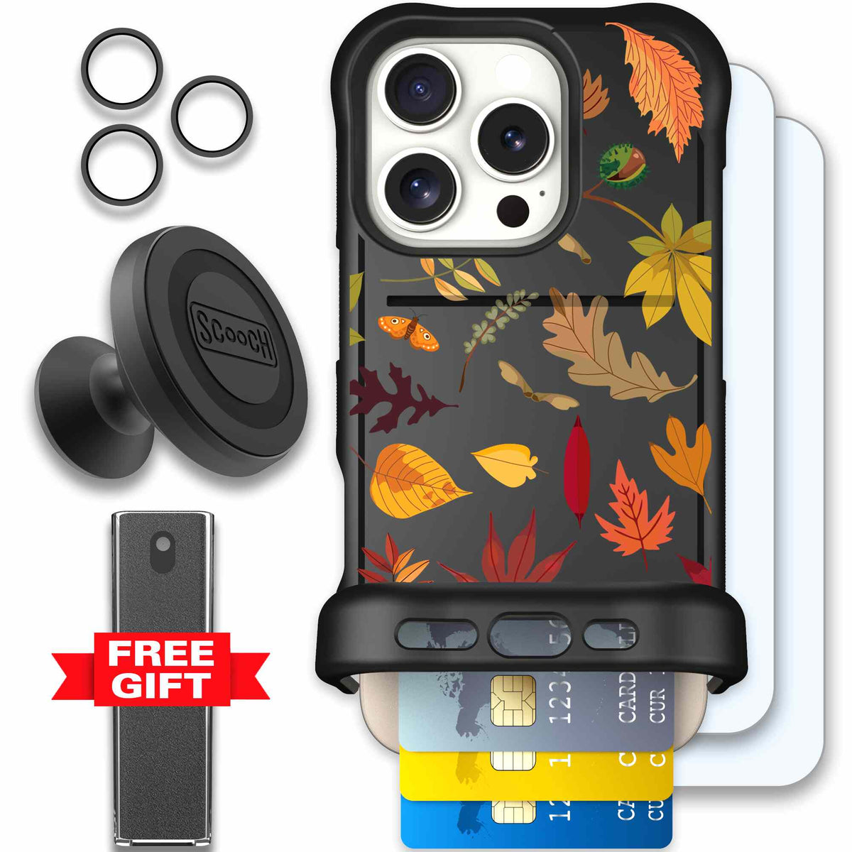 Autumn Leaves multicolored fall foliage pattern on a charcoal Scooch Wingmate case for iPhone 16 Pro - Defender Bundle