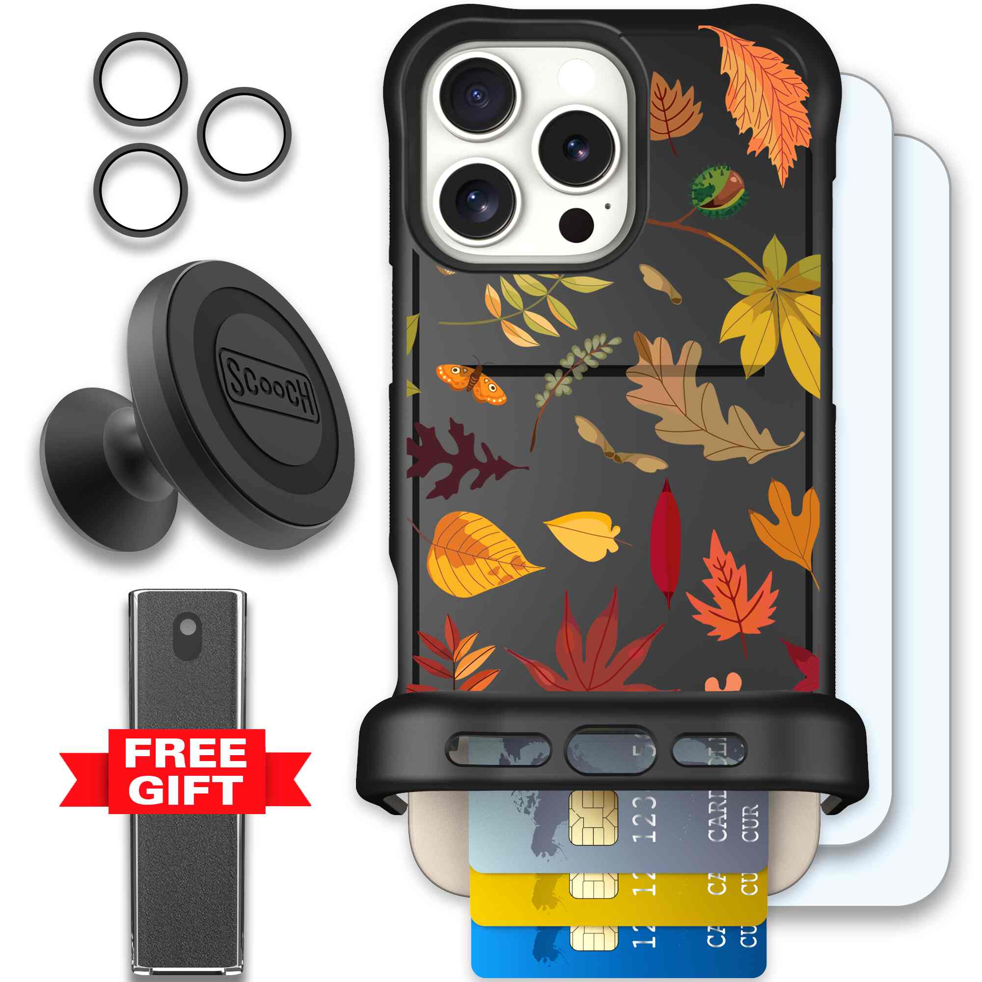 Autumn Leaves multicolored fall foliage pattern on a charcoal Scooch Wingmate case for iPhone 16 Pro Max - Defender Bundle