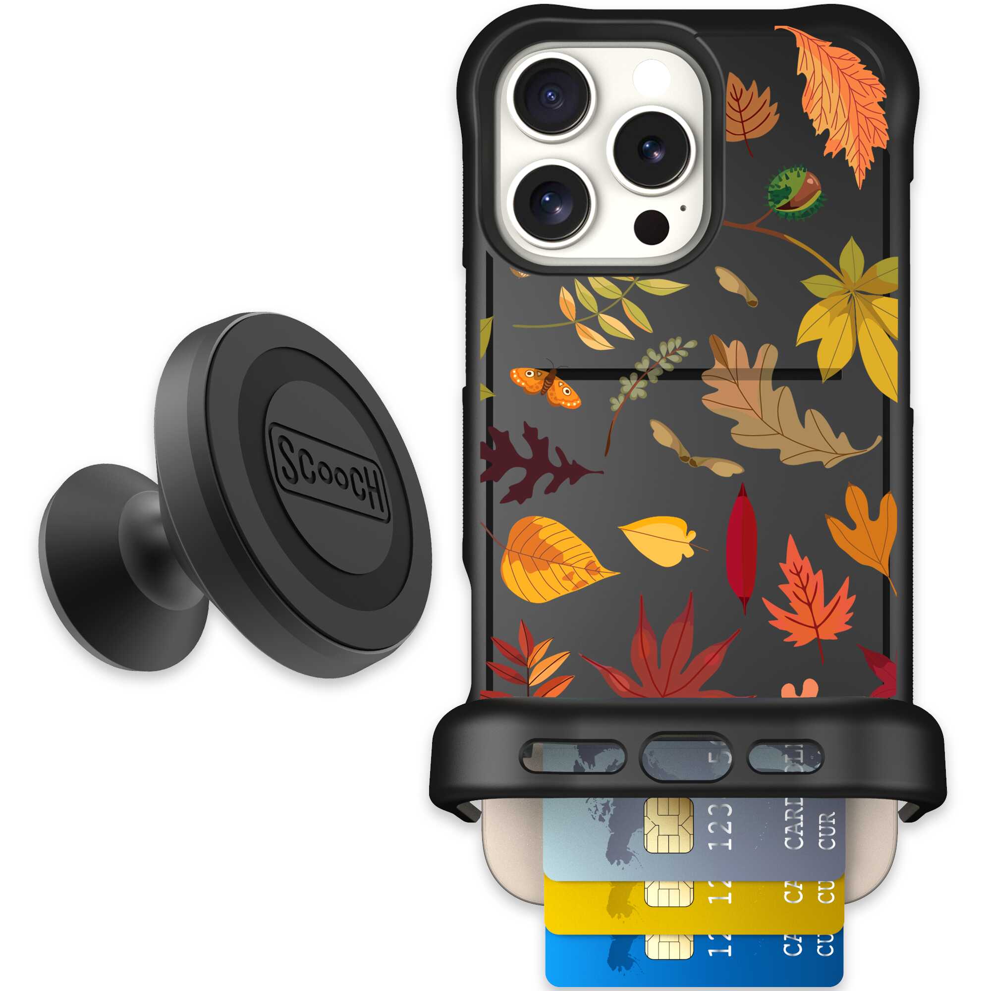 Autumn Leaves multicolored fall foliage pattern on a charcoal Scooch Wingmate case for iPhone 16 Pro Max - Starter Bundle