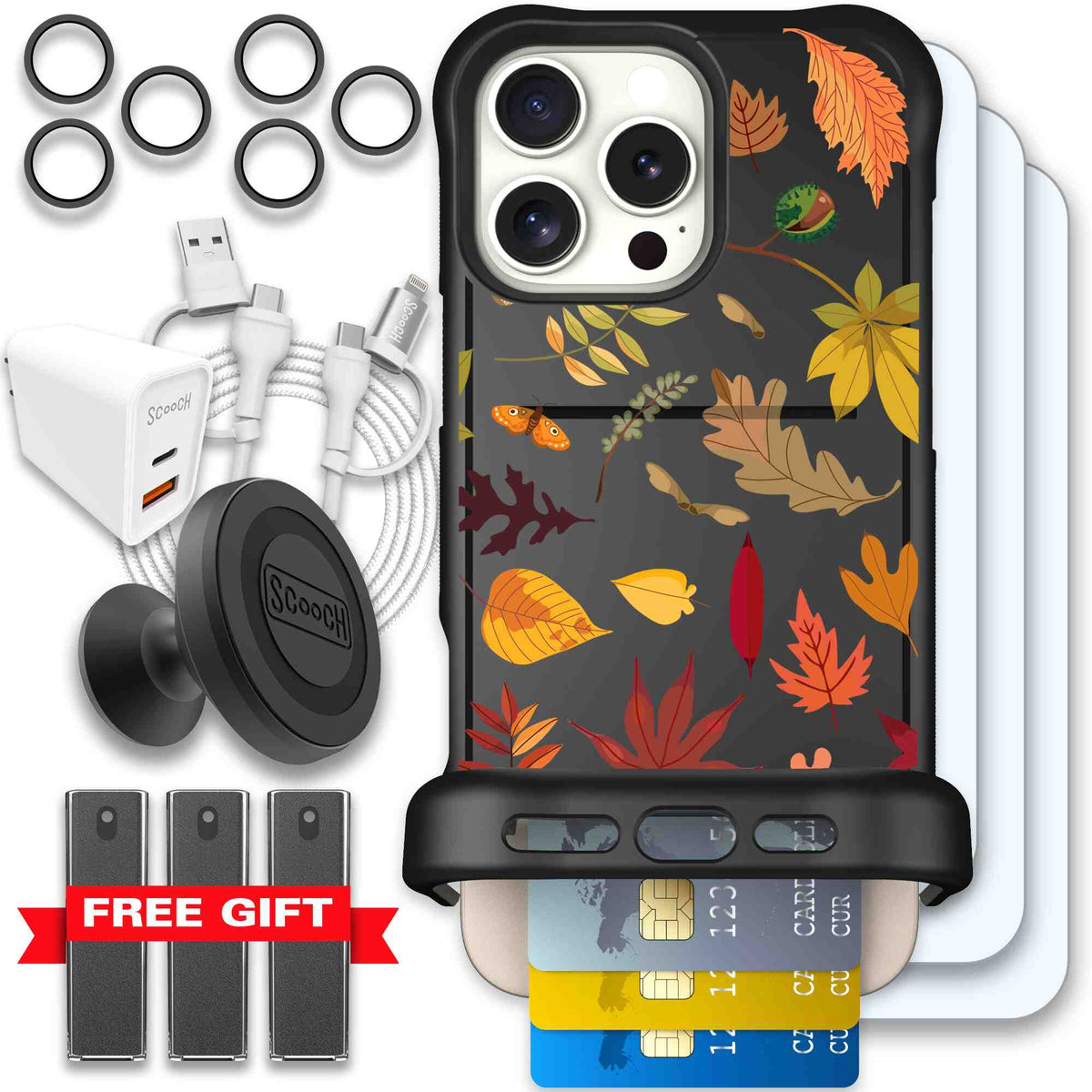 Autumn Leaves multicolored fall foliage pattern on a charcoal Scooch Wingmate case for iPhone 16 Pro Max - Ultimate Bundle