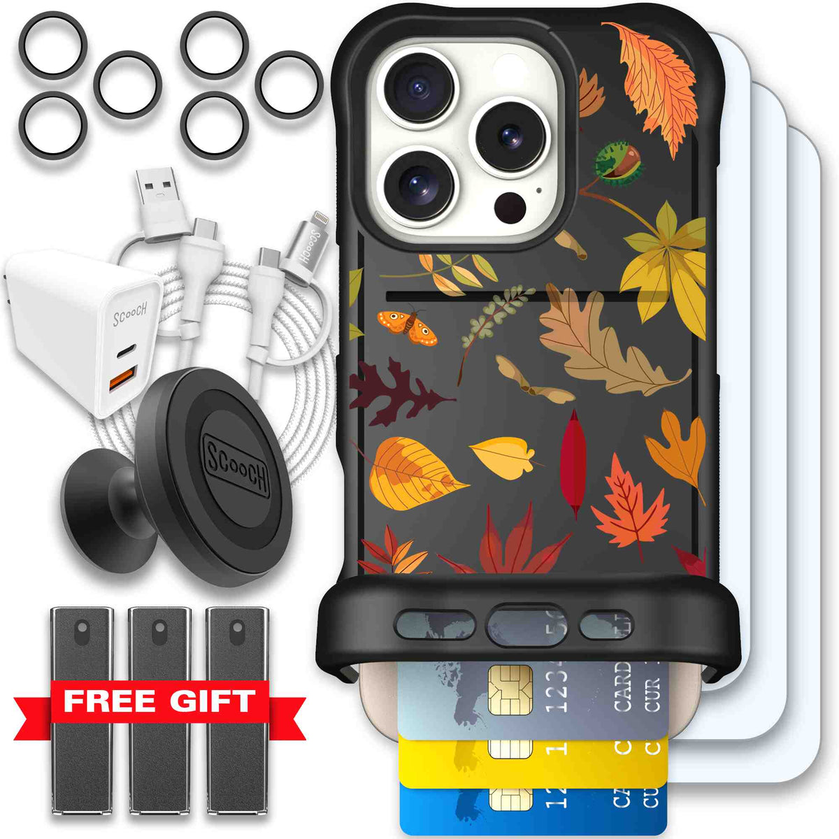 Autumn Leaves multicolored fall foliage pattern on a charcoal Scooch Wingmate case for iPhone 16 Pro - Ultimate Bundle