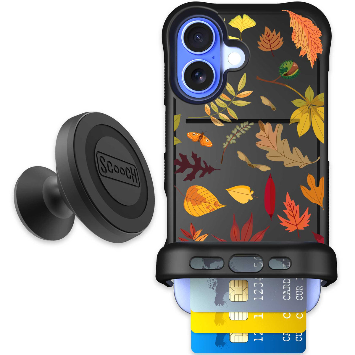 Autumn Leaves multicolored fall foliage pattern on a charcoal Scooch Wingmate case for iPhone 16 - Starter Bundle