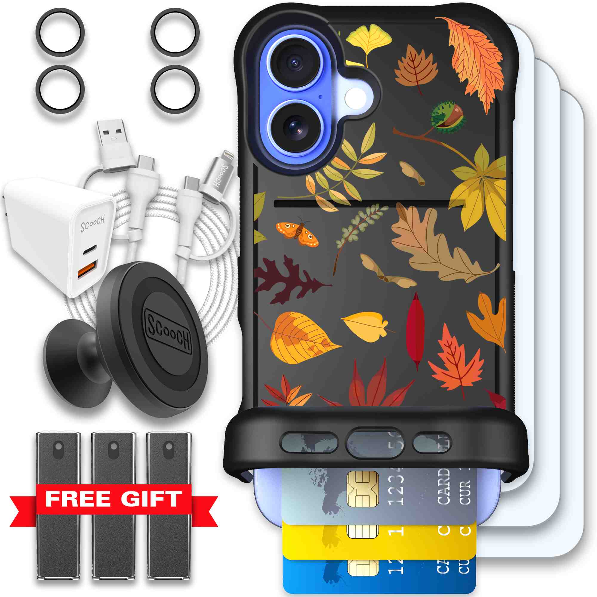 Autumn Leaves multicolored fall foliage pattern on a charcoal Scooch Wingmate case for iPhone 16 - Ultimate Bundle