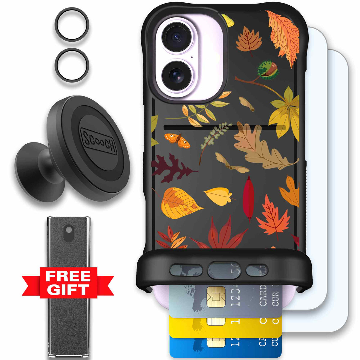Autumn Leaves multicolored fall foliage pattern on a charcoal Scooch Wingmate case for iPhone 17 - Defender Bundle