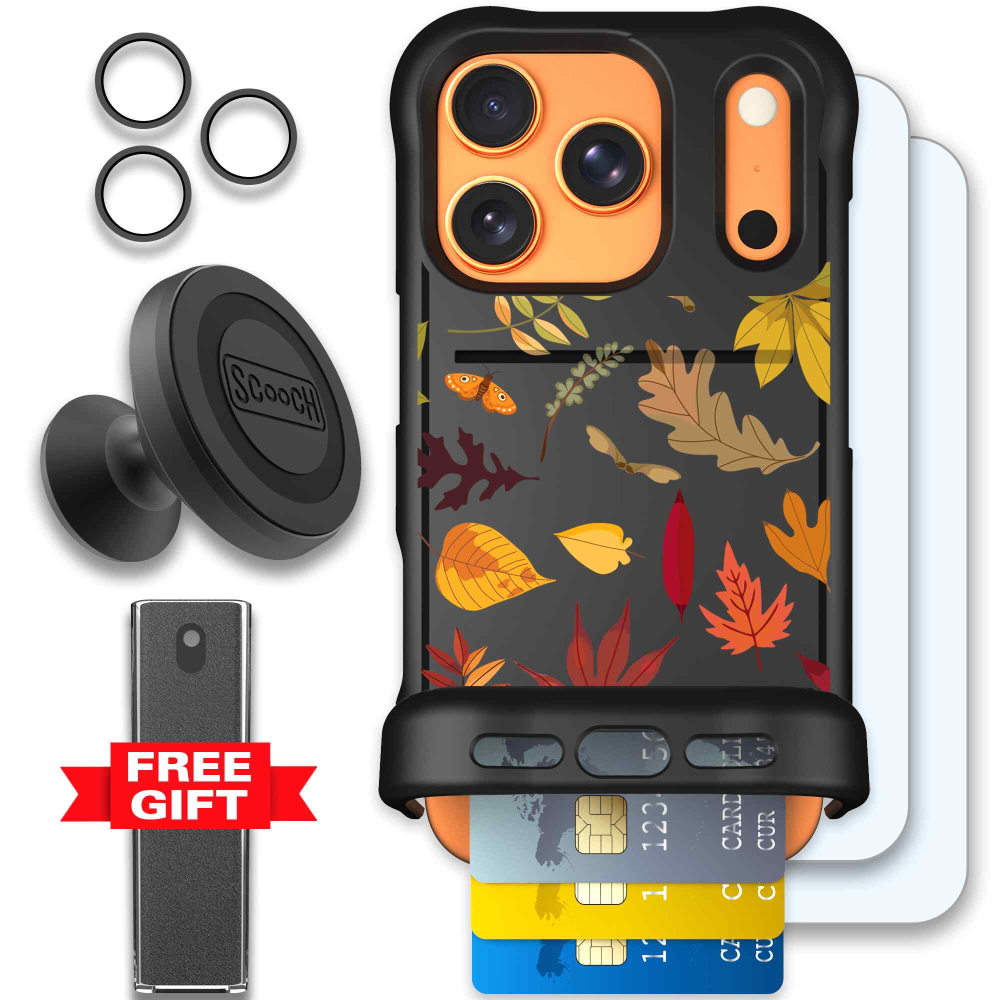 Autumn Leaves multicolored fall foliage pattern on a charcoal Scooch Wingmate case for iPhone 17 Pro - Defender Bundle