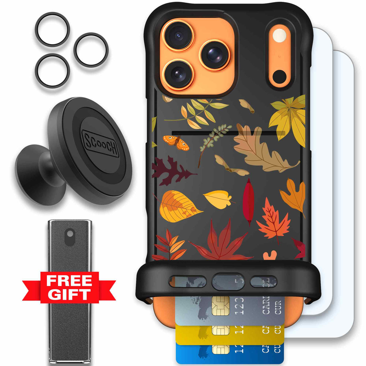 Autumn Leaves multicolored fall foliage pattern on a charcoal Scooch Wingmate case for iPhone 17 Pro Max - Defender Bundle