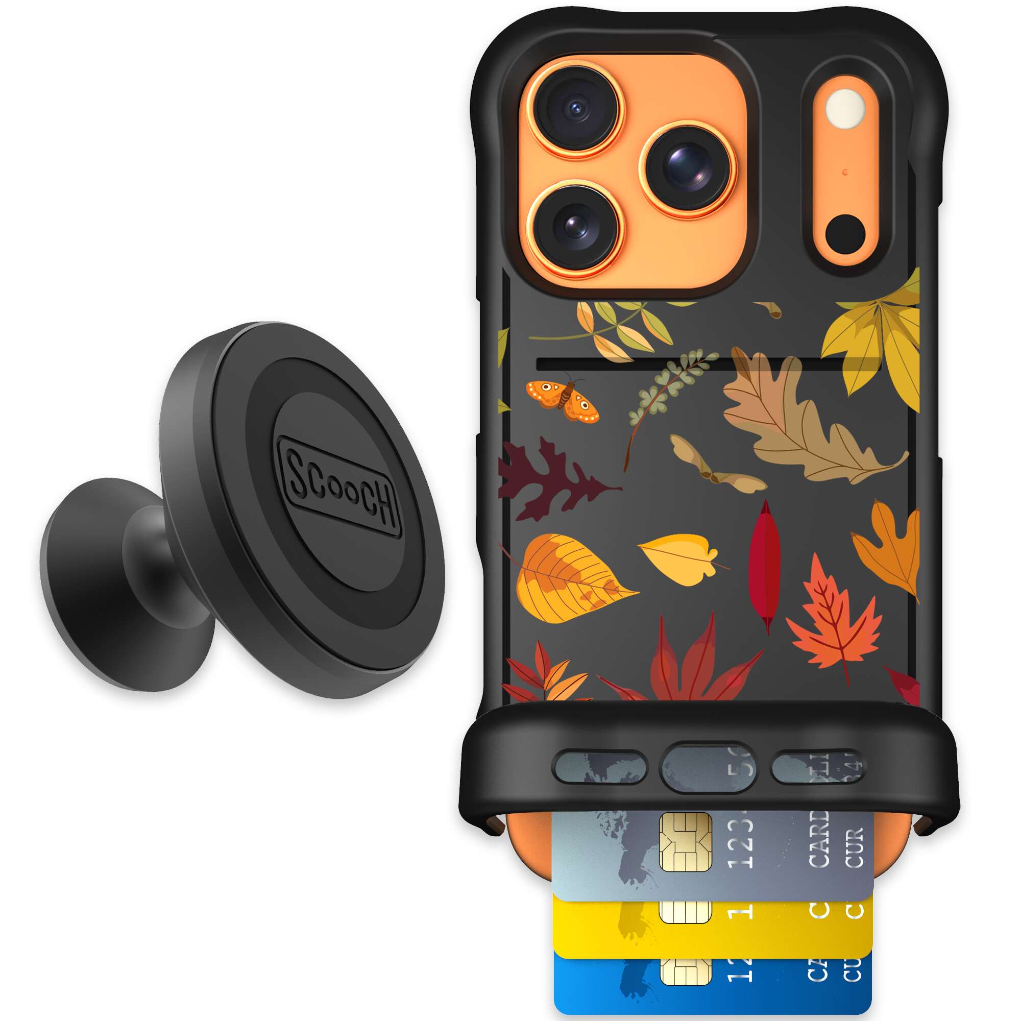 Autumn Leaves multicolored fall foliage pattern on a charcoal Scooch Wingmate case for iPhone 17 Pro - Starter Bundle