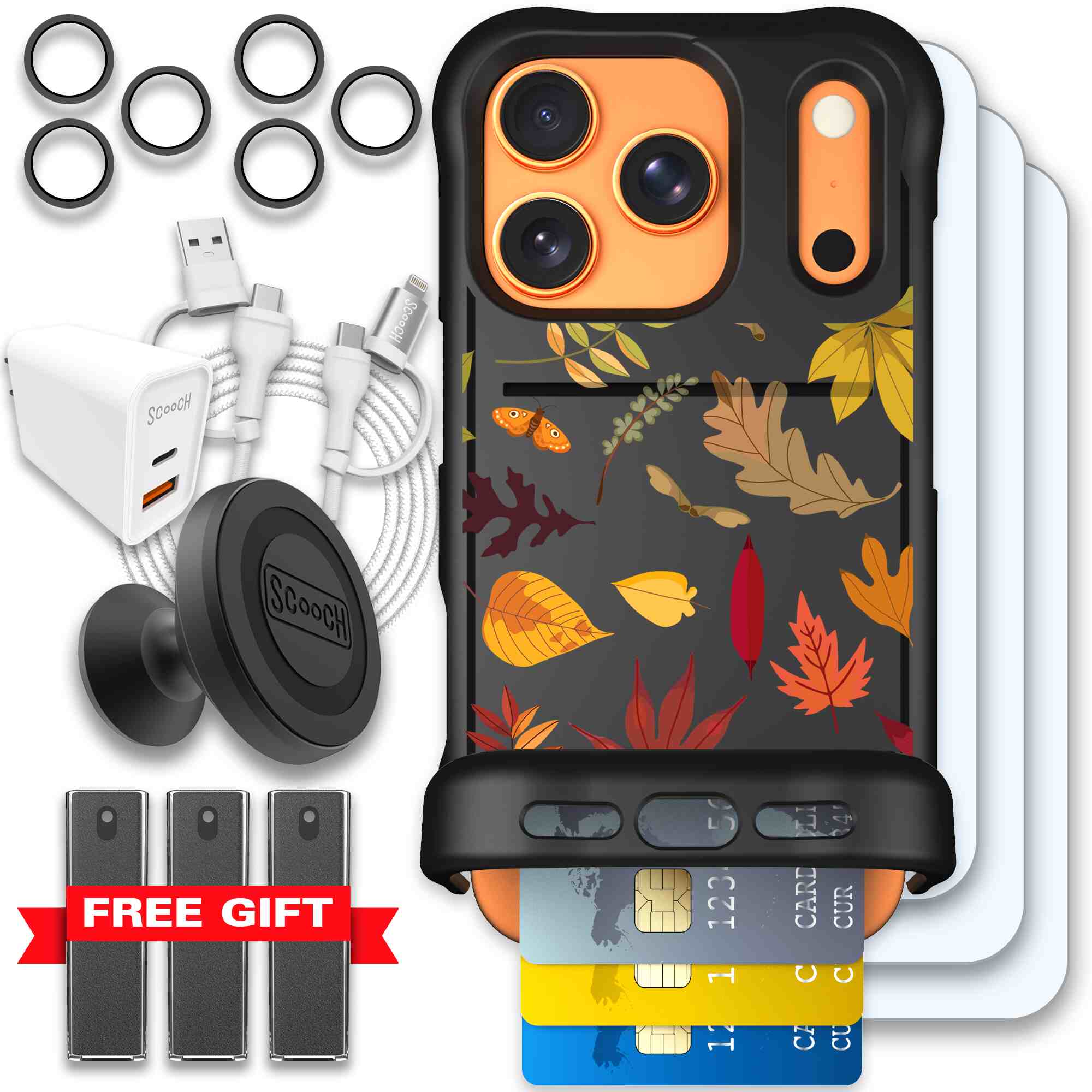 Autumn Leaves multicolored fall foliage pattern on a charcoal Scooch Wingmate case for iPhone 17 Pro - Ultimate Bundle