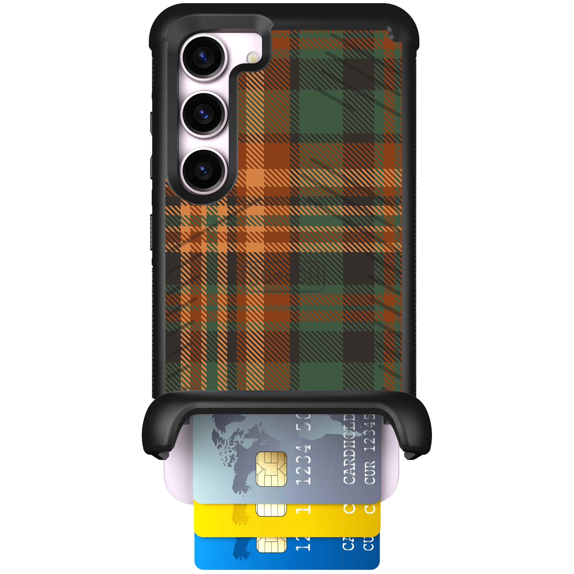 Fall Flannel orange and brown plaid pattern on a Scooch Wingmate case for Galaxy S23