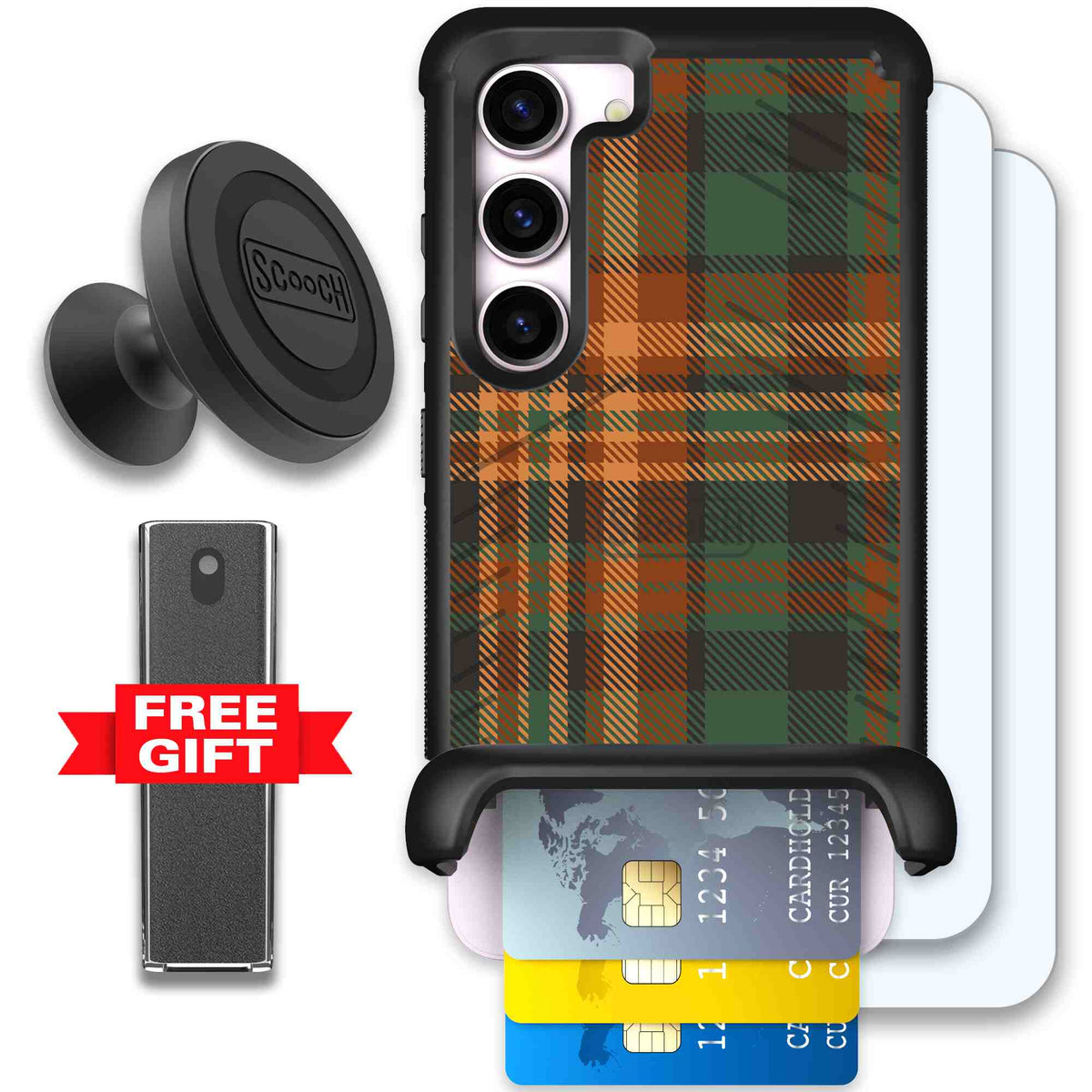 Fall Flannel orange and brown plaid pattern on a Scooch Wingmate case for Galaxy S23 - Defender Bundle