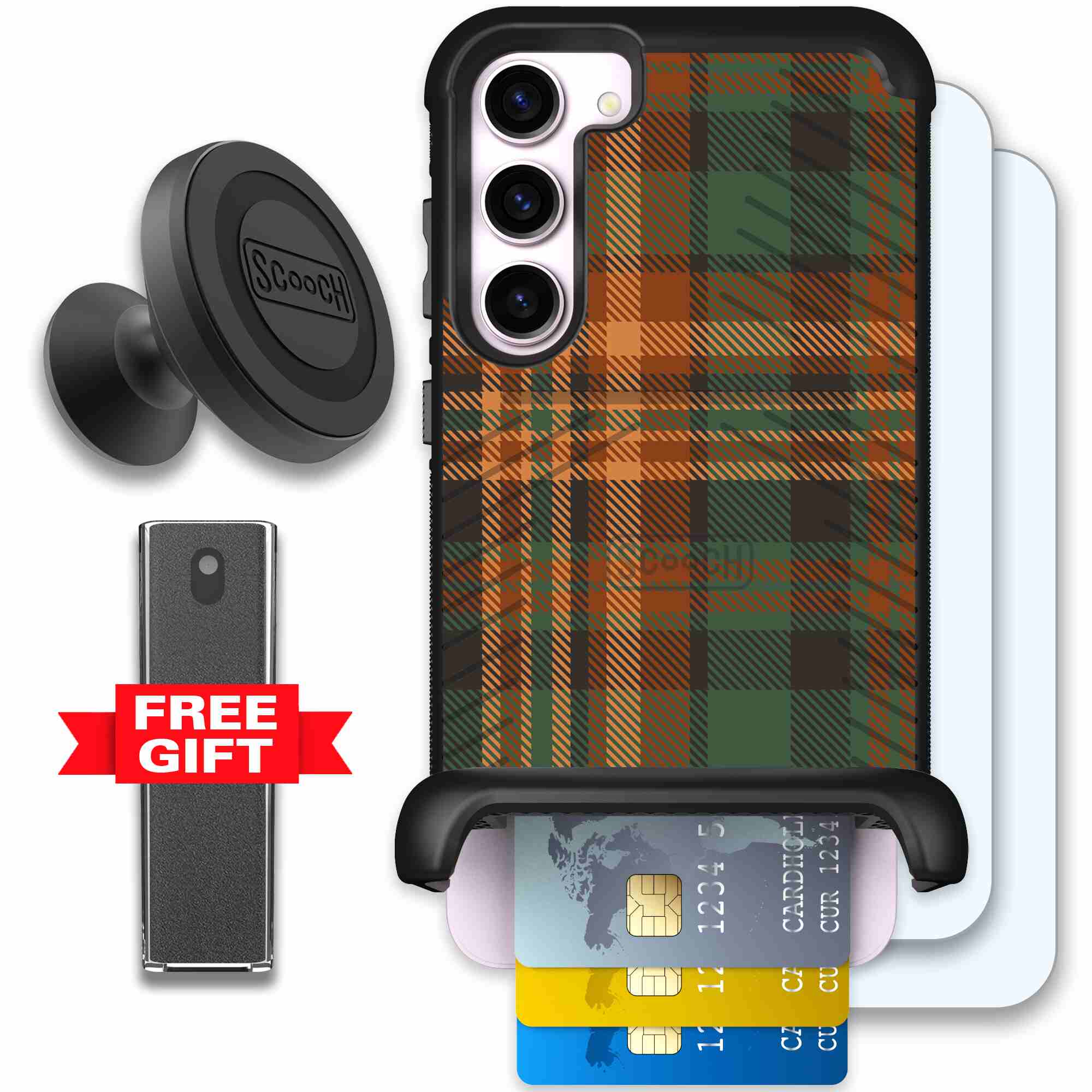 Fall Flannel orange and brown plaid pattern on a Scooch Wingmate case for Galaxy S23+ - Defender Bundle