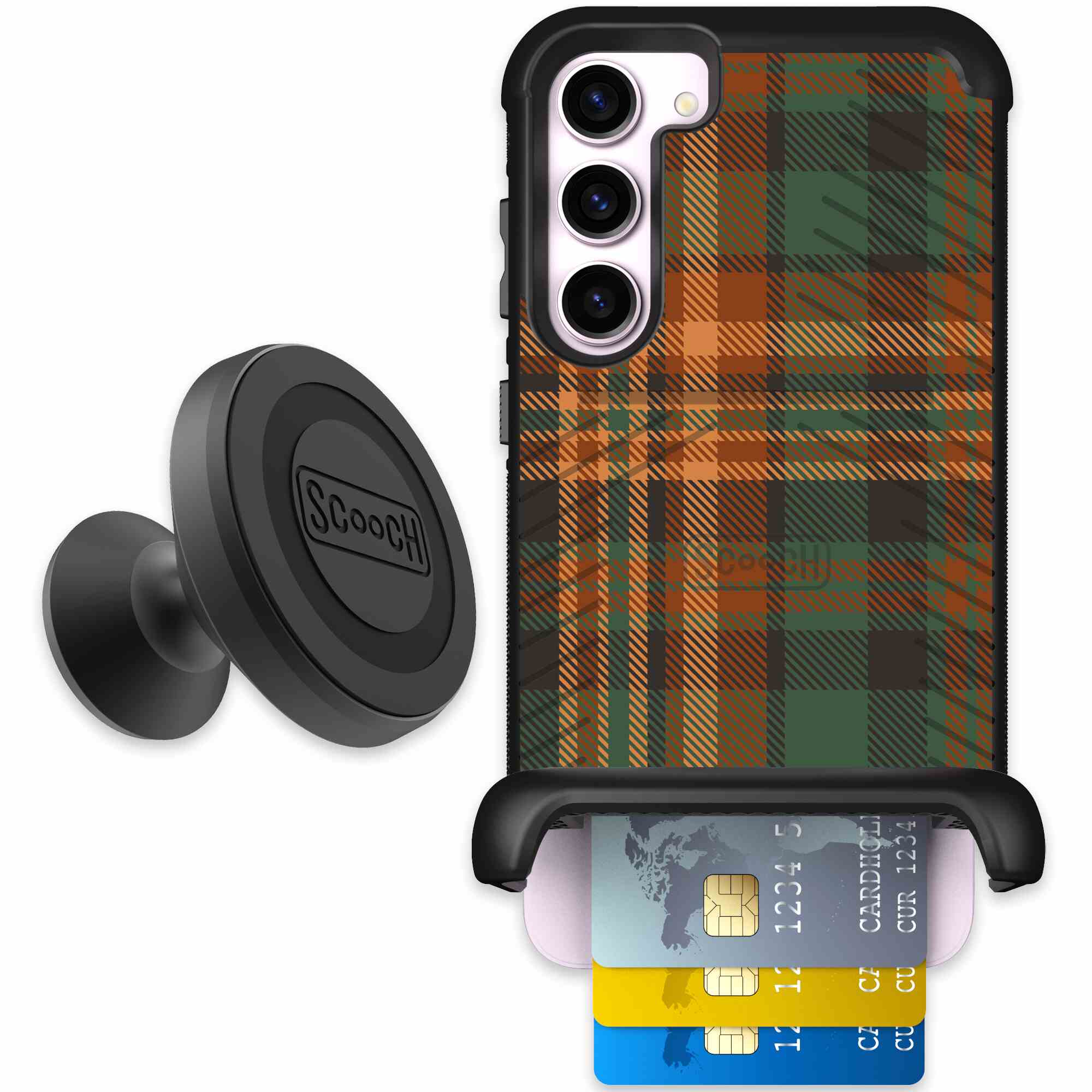 Fall Flannel orange and brown plaid pattern on a Scooch Wingmate case for Galaxy S23+ - Starter Bundle