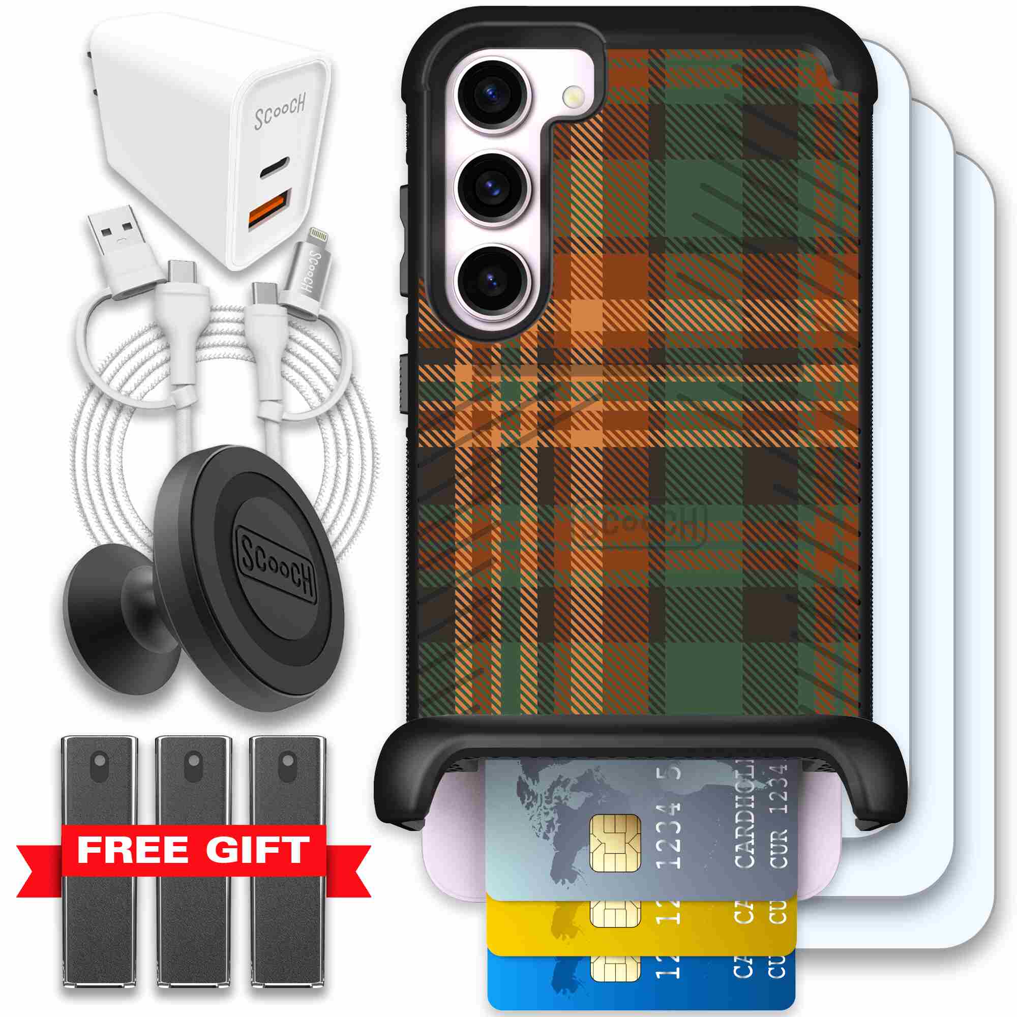 Fall Flannel orange and brown plaid pattern on a Scooch Wingmate case for Galaxy S23+ - Ultimate Bundle