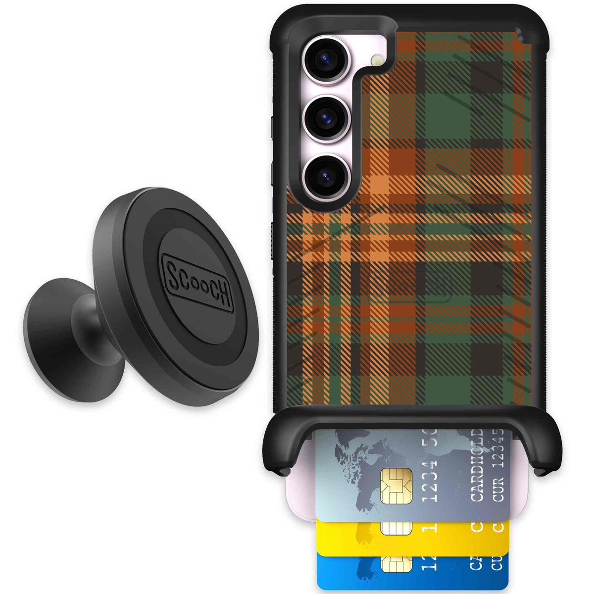 Fall Flannel orange and brown plaid pattern on a Scooch Wingmate case for Galaxy S23 - Starter Bundle