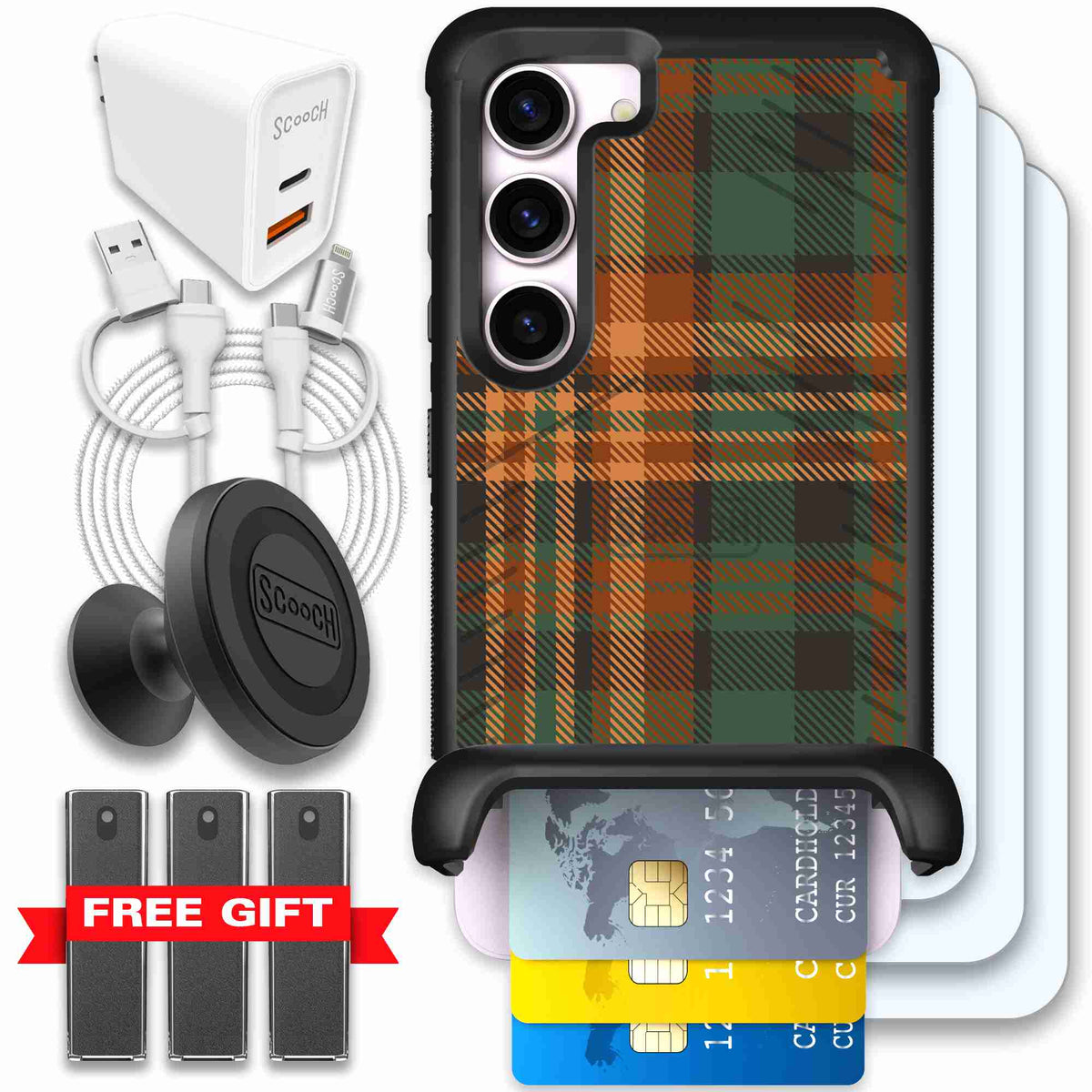 Fall Flannel orange and brown plaid pattern on a Scooch Wingmate case for Galaxy S23 - Ultimate Bundle