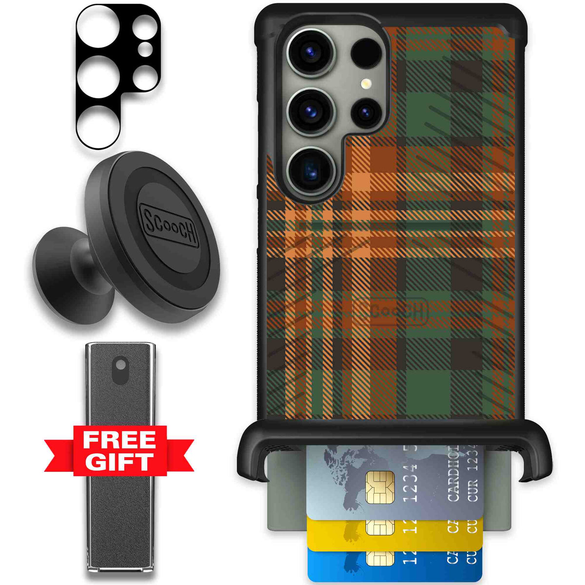 Fall Flannel orange and brown plaid pattern on a Scooch Wingmate case for Galaxy S23 Ultra - Defender Bundle