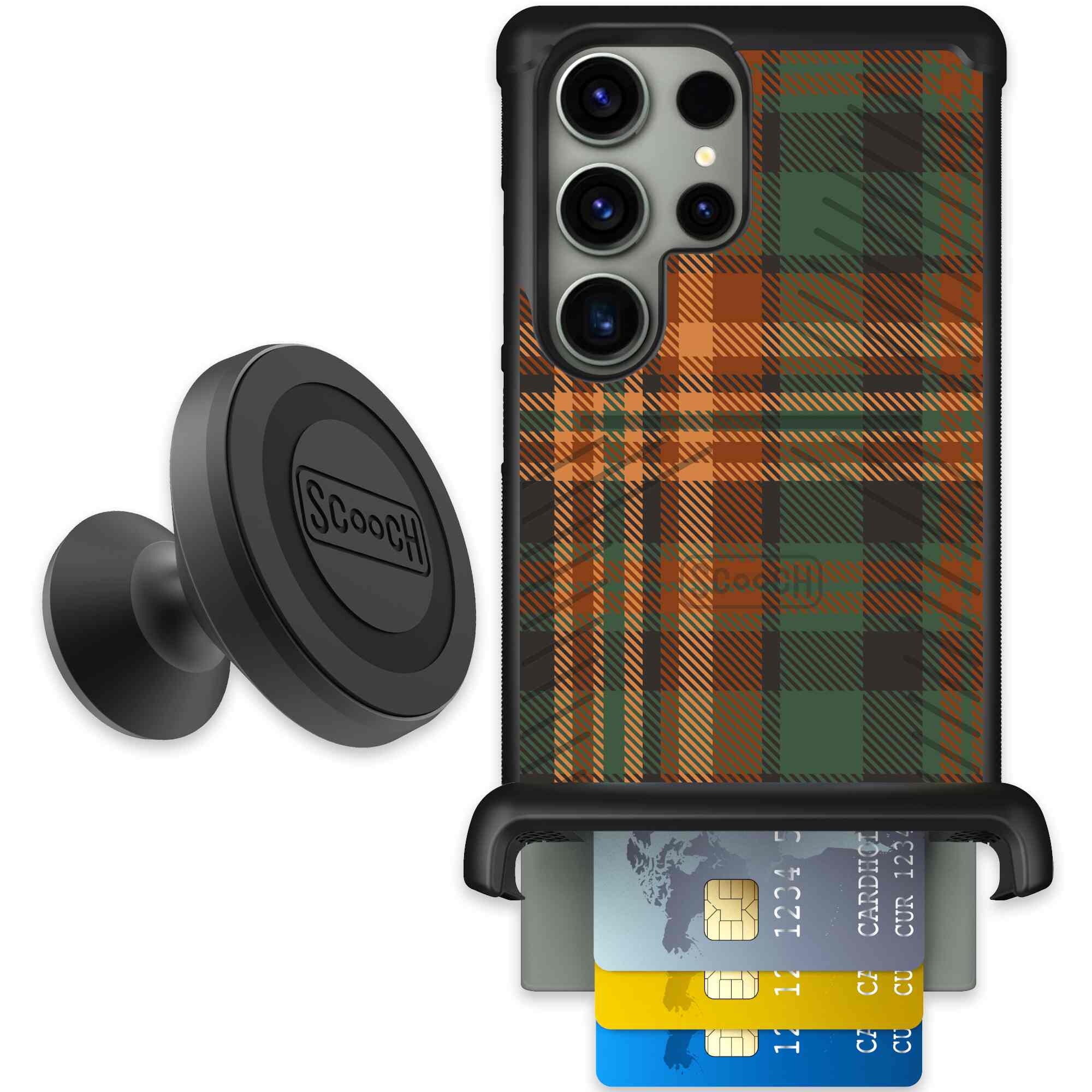 Fall Flannel orange and brown plaid pattern on a Scooch Wingmate case for Galaxy S23 Ultra - Starter Bundle