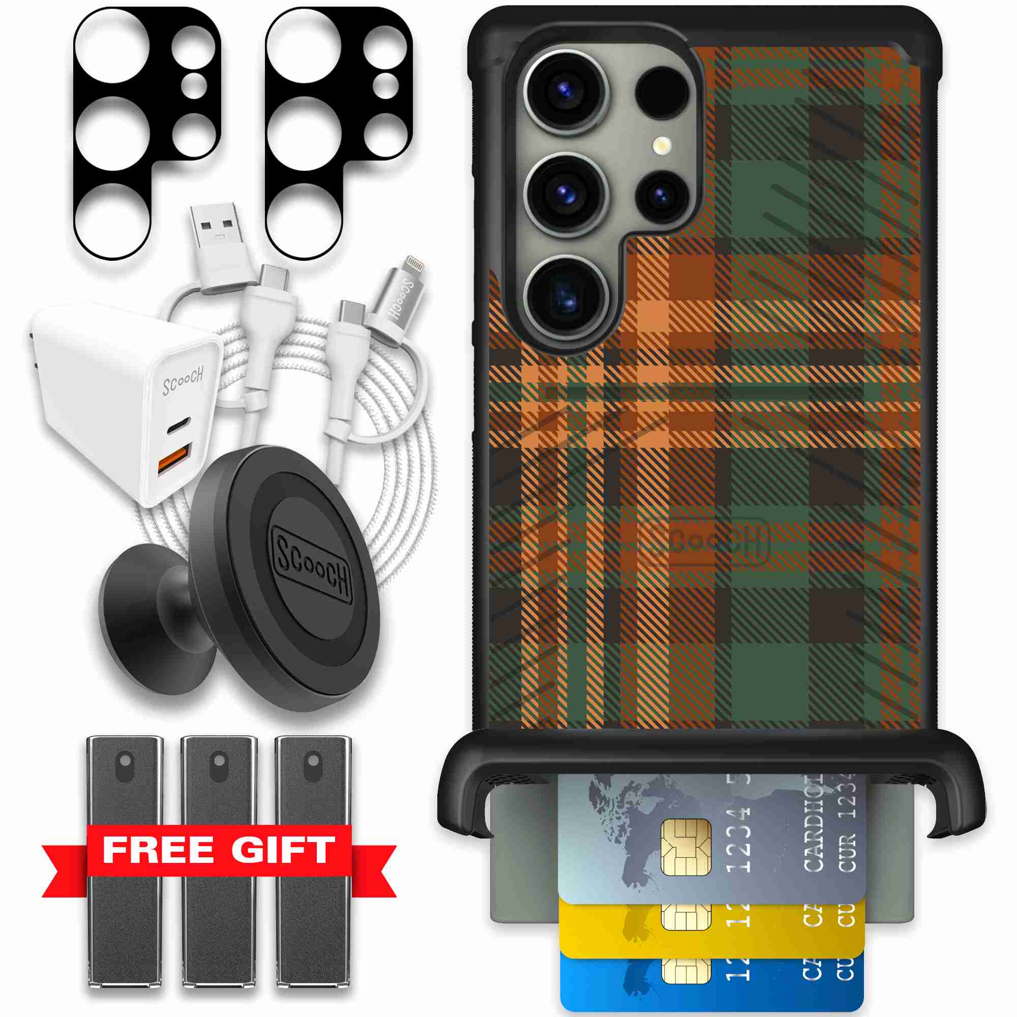 Fall Flannel orange and brown plaid pattern on a Scooch Wingmate case for Galaxy S23 Ultra - Ultimate Bundle