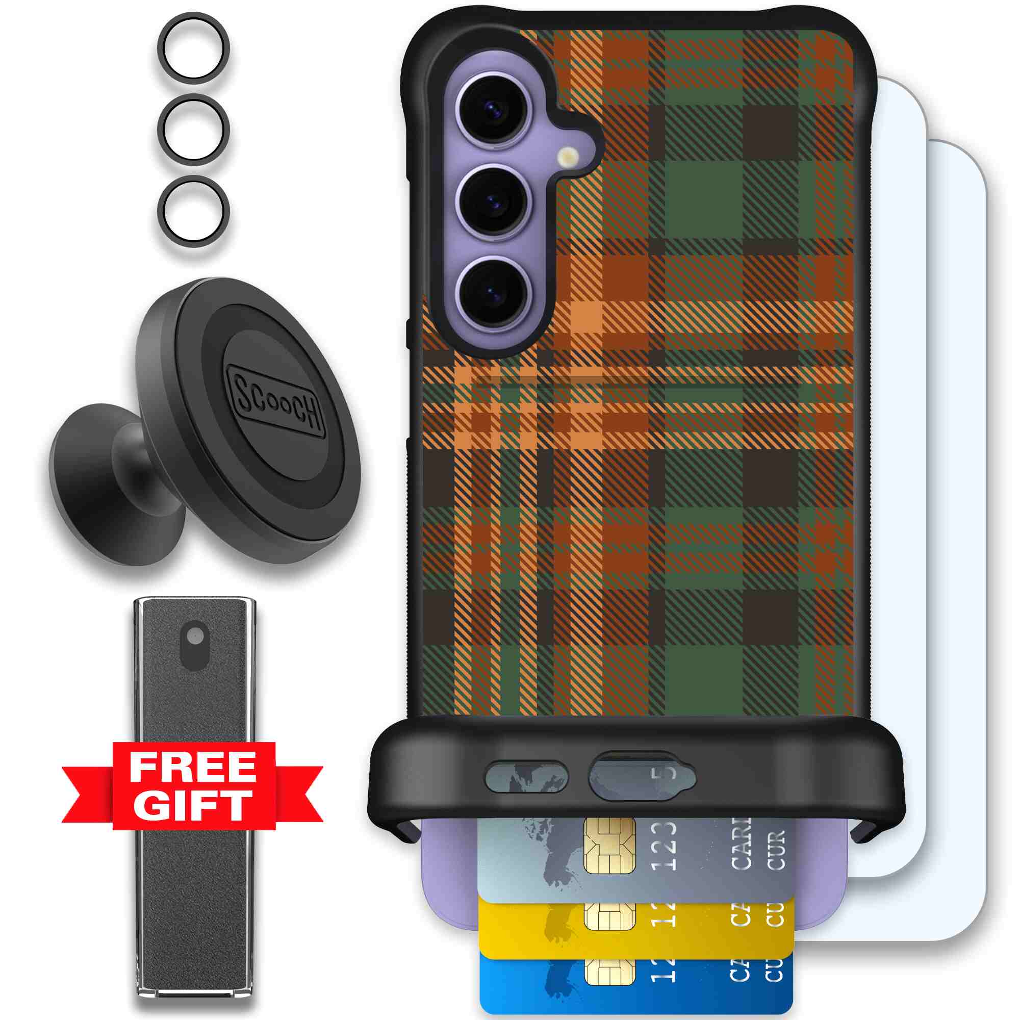 Fall Flannel orange and brown plaid pattern on a Scooch Wingmate case for Galaxy S24+ - Defender Bundle