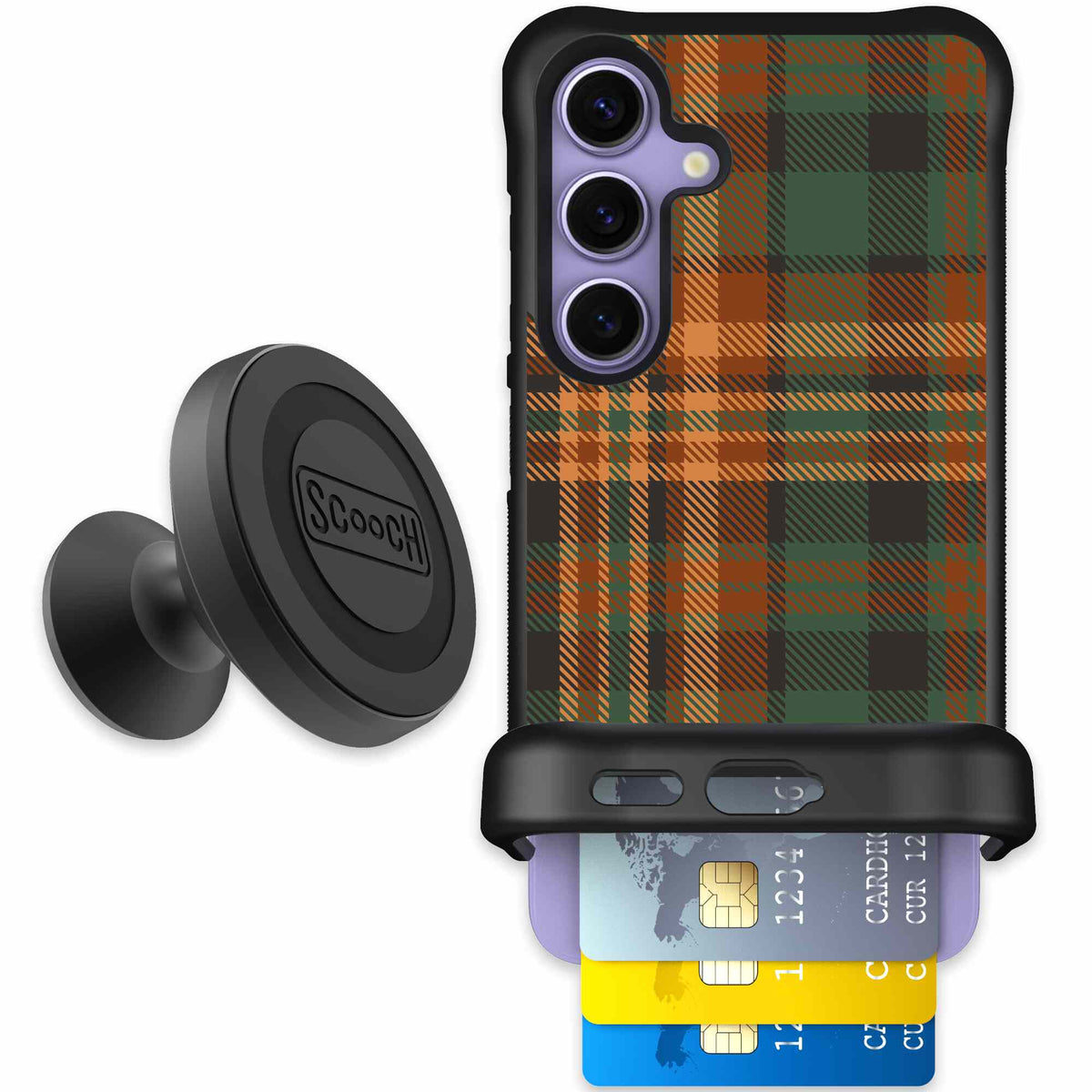 Fall Flannel orange and brown plaid pattern on a Scooch Wingmate case for Galaxy S24 - Starter Bundle