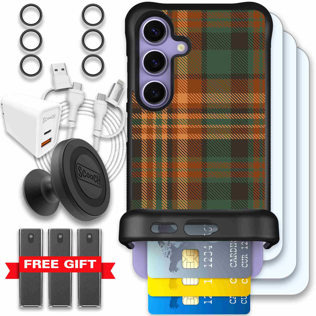 Fall Flannel orange and brown plaid pattern on a Scooch Wingmate case for Galaxy S24 - Ultimate Bundle