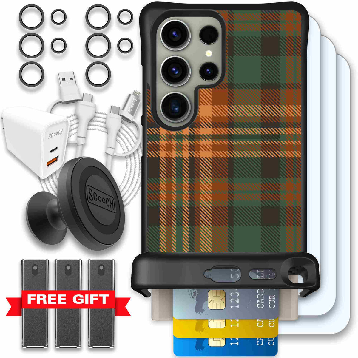 Fall Flannel orange and brown plaid pattern on a Scooch Wingmate case for Galaxy S24 Ultra - Ultimate Bundle