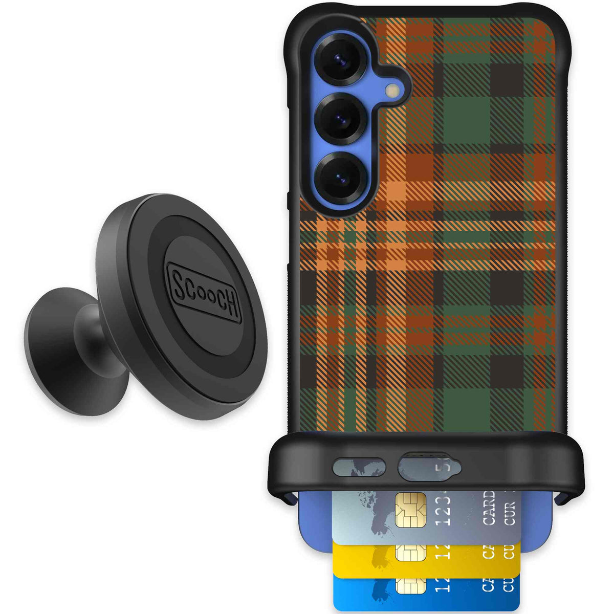 Fall Flannel orange and brown plaid pattern on a Scooch Wingmate case for Galaxy S25+ - Starter Bundle