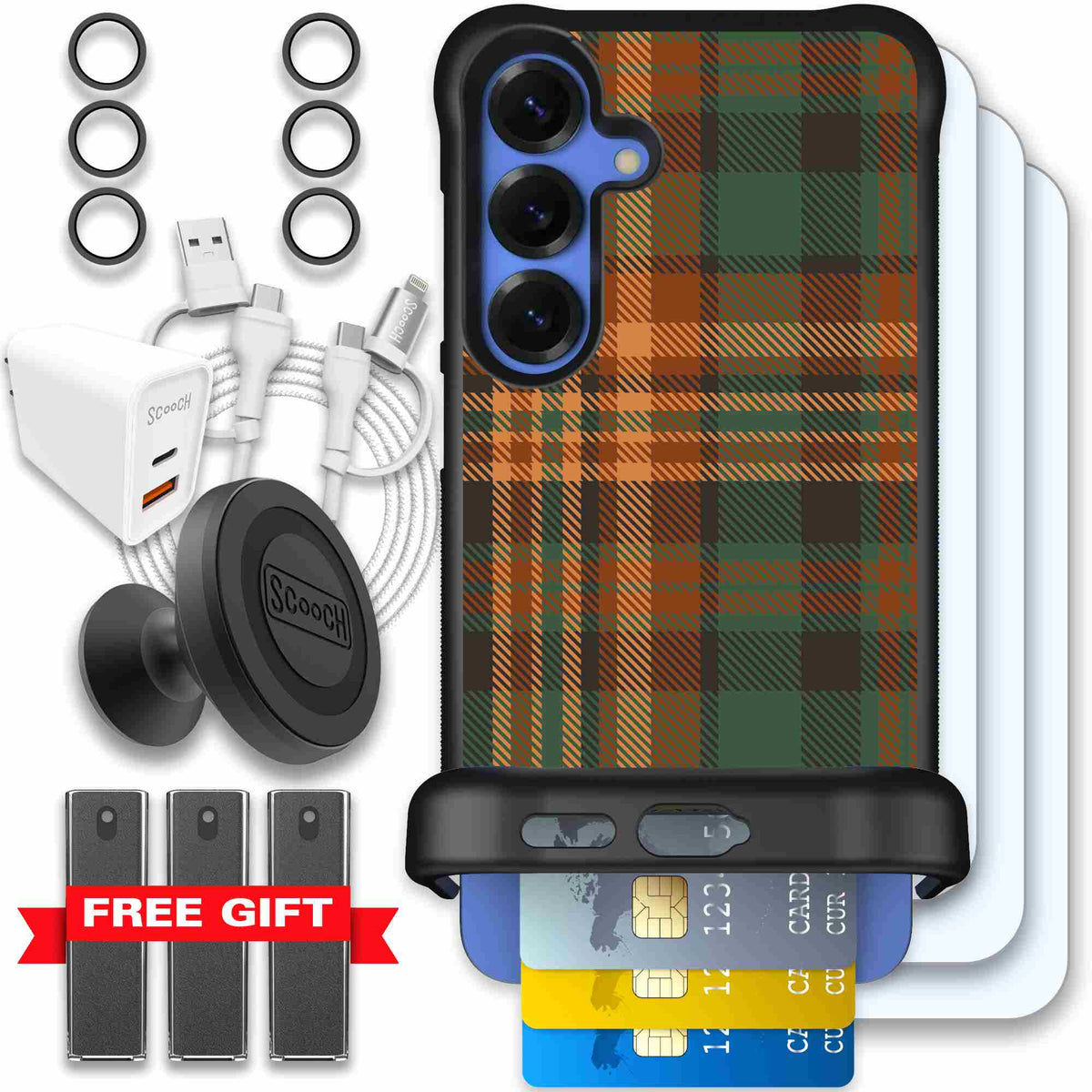 Fall Flannel orange and brown plaid pattern on a Scooch Wingmate case for Galaxy S25+ - Ultimate Bundle