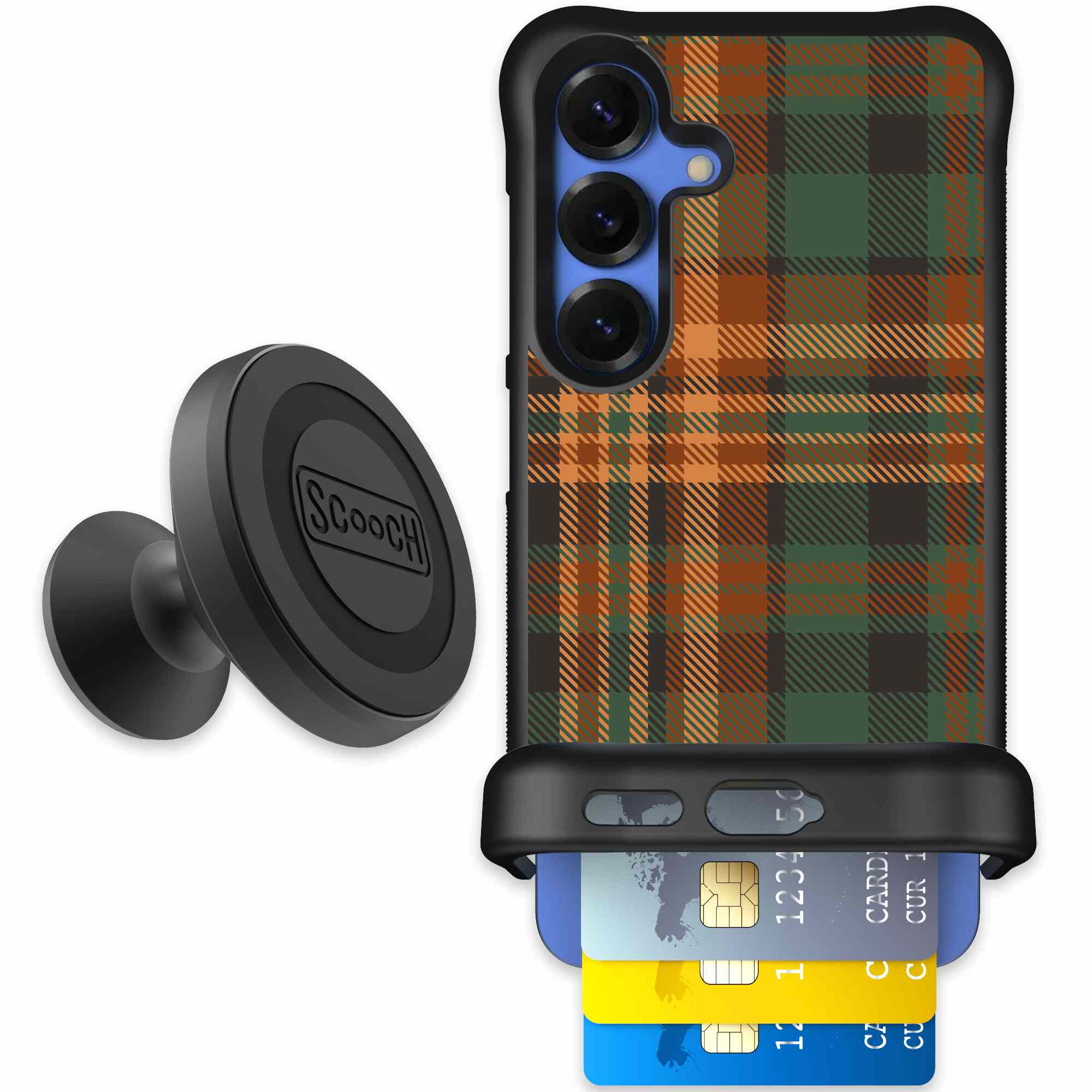 Fall Flannel orange and brown plaid pattern on a Scooch Wingmate case for Galaxy S25 - Starter Bundle