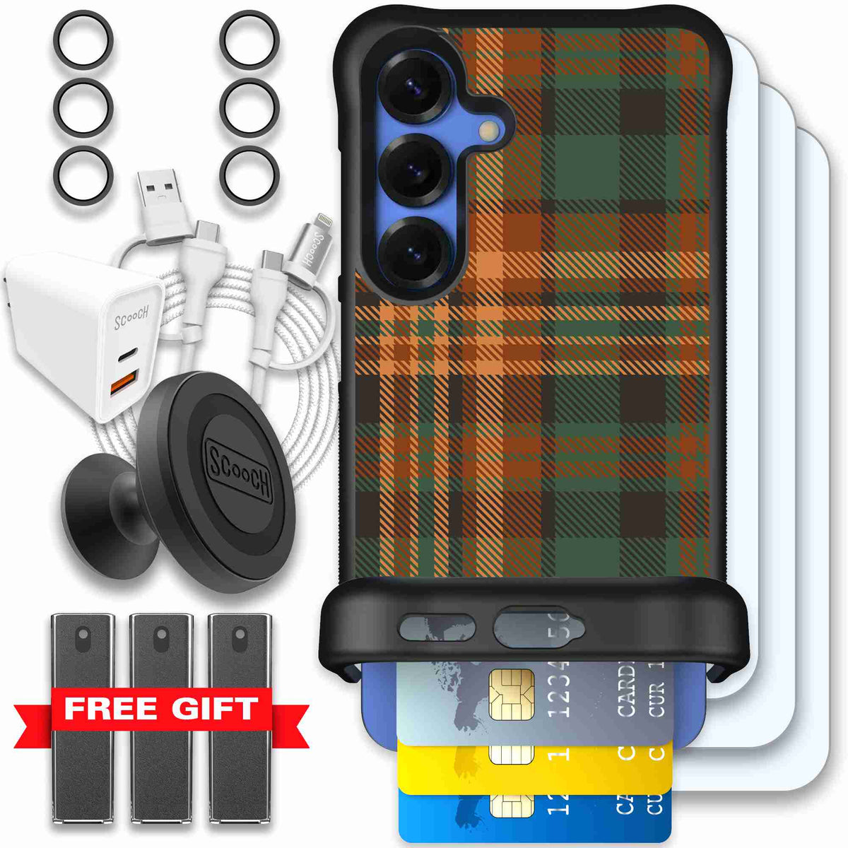 Fall Flannel orange and brown plaid pattern on a Scooch Wingmate case for Galaxy S25 - Ultimate Bundle
